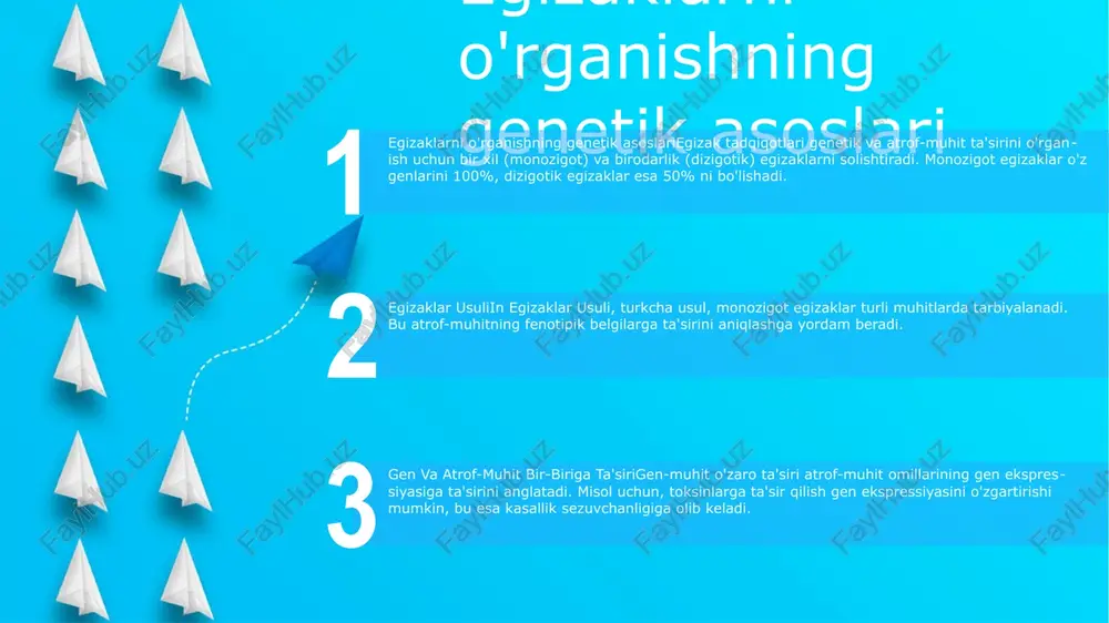 ta'sirni anglatadi egizaklar usuli: egizaklar usuli yoki egizak usul genetik tadqiqotlarda keng qo'llaniladigan tadqiqot loyihasidir. u genetik materialining 100% ga ega bo'lgan bir xil (monozigot) egizaklar va genetik materialining atigi 50% ini bo'lgan birodar (dizigotik) egizaklarning fenotipik xususiyatlarini solishtirishni o'z ichiga oladi irsiylik va muvofiqlik stavkalari egizaklar usuli: egizaklar usuli - genetika va atrof-muhitning belgilarga nisbatan ta'sirini o'rganish uchun egizaklardan foydalanadigan tadqiqot usuli. monozigot (bir xil) va dizigotik (qardosh) egizaklarni solishtirish orqali tadqiqotchilar irsiyatni taxmin qilishlari mumkin. irsiylik va muvofiqlik stavkalari: irsiylik ma'lum bir xususiyatga hissa qo'shadigan irsiy o'zgaruvchanlik ulushini o'lchaydi. muvofiqlik ko'rsatkichlari egizaklar kabi bir-biriga bog'liq shaxslar o'rtasidagi belgilarning o'xshashligini anglatadi. gen va atrof-muhit bir-biriga ta'siri: gen-muhit o'zaro ta'siri irsiy omillar va xususiyatlarni shakllantirishda atrof-muhit ta'siri o'rtasidagi murakkab munosabatlarni anglatadi. bu passiv (ota-onalarning bolalarga ta'sir qiladigan muhiti) va uyg'otuvchi (boshqalarning javoblarini keltirib chiqaradigan bolalar muhiti) ta'sirini o'z ichiga oladi. xulq-atvor genetikasida egizak tadqiqotlarni qo'llash xulq-atvor genetikasi bo'yicha egizak tadqiqotlari: …