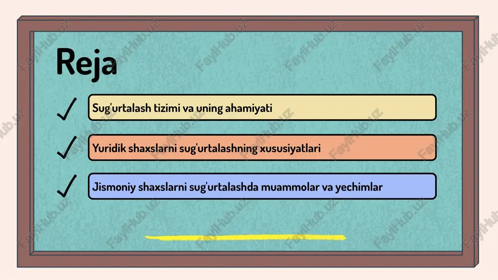 ug'urtasi tibbiy xarajatlarni qoplaydi va jismoniy shaxslarni kasalliklardan himoya qiladi. avtomobil sug'urtasi esa avtohalokatlar natijasida kelib chiqadigan zararlarni qoplashda muhim ahamiyatga ega. sug'urtalash jarayoni: asosiy bosqichlar sug'urtalash jarayoni bir nechta asosiy bosqichlardan iborat. ushbu bosqichlar sug'urtalovchining xavfini baholash, sug'urtalanuvchining ma'lumotlarini yig'ish va sug'urtani amalga oshirishni o'z ichiga oladi. bu jarayon sug'urtalovchining qarorlar qabul qilishiga va sug'urtalanuvchiga eng maqbul shartlarni taqdim etishga yordam beradi. har bir bosqichda maxsus jarayonlar mavjud. masalan, xavfni baholashda yuridik va jismoniy shaxslarning xatti-harakatlari va moliyaviy holati tahlil qilinadi, bu esa sug'urtaning shartlarini belgilashga yordam beradi. sug'urtalash jarayonining muhimligi shundaki, u xavfni aniq baholash orqali sug'urtalanuvchilarga zaruriy moliyaviy himoyani taqdim etadi. bu sug'urtalovchining xavfini boshqarishga va sug'urtalanuvchining ishonchini oshirishga xizmat qiladi. sug'urtalashda xavflar va imkoniyatlar sug'urtalashda mavjud xavflar, tabiiy ofatlar, iqtisodiy inqirozlar va qonunchilik o'zgarishlari kabi muhim omillarni o'z ichiga oladi. ushbu xavflar sug'urtalovchilar uchun katta tahdid bo'lib, moliyaviy barqarorlikka ta'sir qilishi mumkin. xavflarni aniqlash va baholash …