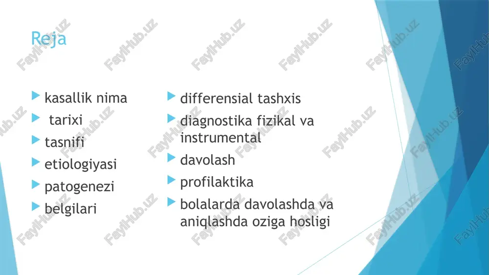 obstruktiv buzilishlar, eaada esa restriktiv. eaada allergen bilan doimiy aloqa kuzatiladi. 2 o‘pkaning interstisial kasalliklari o‘pka to‘qimalarining yallig‘lanishi va shikastlanishi bilan bog‘liq. 3 tuberkulyoz mycobacterium tuberculosis bakteriyalari sabab bo‘lgan yuqumli kasallik. 4 sarkoidoz radiografiyada limfa tugunlarining kattalashishi sarkoidozga xos. histologiya orqali granulyomalar tahlil qilinadi. 8 allergik alveolitning belgilari o‘tkir shakl nafas qisilishi, yo‘tal, ko‘krak og‘rig‘i. isitma va umumiy zaiflik, sovuq qotishlar. surunkali shakl nafas qisilishi va charchoqning asta-sekin kuchayishi. tana vaznining kamayishi, “baraban tayoqchalar” sindromi (barmoqlarning deformatsiyasi). 9 diagnostika fizikal diagnostika: auskultatsiyada “mayda pufakchali xirillash”. perkussiya vaqtida tovushning o‘zgarishi. instrumental diagnostika: rentgen: o‘pka infiltratlari. kt: “matli shish” effekti va o‘pka to‘qimasidagi buzilishlar. spirometriya: restriktiv o‘zgarishlar (o‘pkaning hajmi kamayishi). bronxoalveolyar lavaj: o‘pka suyuqligida limfotsitlarning ko‘payishi. laborator diagnostika: maxsus pretsipitin antitanachalar aniqlanishi. qonda immunoglobulinlar (igg va iga) darajasining oshishi. allerjik alveolitni davolash allergen bilan aloqani to‘xtatish ish yoki yashash joyini o‘zgartirish. himoya vositalaridan foydalanish. dori vositalari glukokortikosteroidlar va og‘ir hollarda immunosupressiv preparatlar …