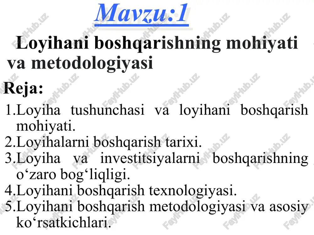 ga bo’lishidir. sh.m.mirziyoyev mirziyoyev sh.m. o‘zbekiston respublikasi prezidentining 2019-yil uchun mo‘ljallangan eng muhim ustuvor vazifalar haqidagi oliy majlisga murojaatnomasi. 2018-yil 28-dekabr. 1-reja loyiha tushunchasi va loyihani boshqarish mohiyati. loyiha nima? * loyiha 2) biror hujjatning oldindan tuzilgan matni; 1) biror bino, inshootni barpo etish maqsadida yoki muayyan bir buyumni yaratishga doir tayyorlangan hujjatlar (hisob-kitoblar, chizma, maketlar) majmui. oʻzme. birinchi jild. toshkent, 2000-yil 3) reja, moʻljal, gʻoya. * loyiha - yakka tartibda yoki hamkorlikda amalga oshiriladigan, tadqiqot yoki dizaynni oʻz ichiga olgan, maʼlum bir maqsadga erishish uchun ehtiyotkorlik bilan rejalashtirilgan har qanday tashabbus. boshqaruv nuqtai nazaridan loyihaning muqobil koʻrinishi voqealar ketma-ketligiga asoslanadi: “belgilangan vaqt davomida va maʼlum xarajatlar va boshqa cheklovlar doirasida bajarilishi kerak boʻlgan oʻzaro bogʻliq vazifalar toʻplami”. loyiha vaqtinchalik ijtimoiy tizim (mehnat tizimi) boʻlishi mumkin, ehtimol vaqt cheklovlari ostida muayyan vazifalarni bajarish uchun jamoalar bilan taʼminlangan boʻladi. loyiha bu aniq bir maqsadga erishish uchun kelishilgan muayyan faoliyatlar tizimidir. buni …