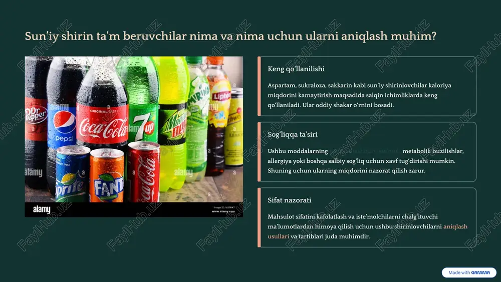 mumkin bo‘lgan o‘zgarish (rang, elektr zaryadi) hosil qiladi. biosensor texnologiyasi biosensorlar kichik qurilmalar bo‘lib, shirinlovchini tezda aniqlash uchun biologik detektor (masalan, ferment) va fizikaviy konverter (masalan, elektrod) ni birlashtiradi. tezkor natijalar biosensorlar laboratoriyadan tashqarida (joyida) sinovlar o‘tkazish imkonini beradi, chunki ular murakkab tayyorgarlikni talab qilmaydi. zamonaviy biosensorlar 95% dan ortiq aniqlik bilan ishlaydi. 4 rivojlanayotgan texnologiyalar: tasvirni qayta ishlash va sun’iy intellekt raqamli texnologiyalar sifat nazoratini avtomatlashtirish va tahlil jarayonlarining tezligini oshirish uchun katta salohiyatga ega. raqamli tasvir tahlili ichimlikning rang to‘yinganligi, tiniqligi va turli xil loyqalanish darajasini tahlil qilish, ba’zi shirinlovchilarning mavjudligiga bilvosita ishora qilishi mumkin. sun’iy intellekt (si) mashinani o‘rganish algoritmlari murakkab kimyoviy sensor ma’lumotlarini tahlil qilib, oldindan o‘qitilgan modellar asosida shirinlovchilarni avtomatik turlarga ajratish va aniqlash imkonini beradi. avtomatik aniqlash tizimlari si algoritmlari laboratoriya asboblari bilan integratsiya qilinib, tahlil jarayonini to‘liq avtomatlashtirish va xatolar ehtimolini kamaytirish uchun ishlatiladi. ma’lumot: bu usullar xromatografiya bilan birgalikda qo‘llanilganda, aniqlik 98,6% …