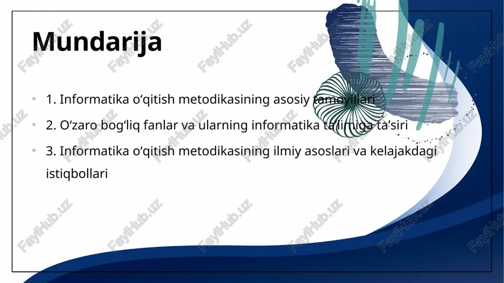 informatika taʼlimida bu fanlar, masalan, matematika, psixologiya va pedagogika, muhim rol o‘ynaydi. ular informatika taʼlimining samaradorligini oshirishga yordam beradi va talabalarning tushunish qobiliyatini rivojlantiradi. fanlararo o‘zaro aloqalar informatika taʼlimida boshqa fanlar o‘rtasidagi o‘zaro aloqalar, masalan, matematika va fizika, muhim ahamiyatga ega. ushbu fanlar talabalarga algoritmik fikrlashni rivojlantirishda yordam beradi. shuningdek, psixologiya va pedagogika talabalarning o‘rganish jarayonini yaxshilashda qo‘llaniladi. informatika taʼlimiga taʼsiri natijada, informatika taʼlimi o‘zaro bogʻliq fanlar orqali yanada samarali va ko‘p qirrali bo‘ladi. bu o‘z navbatida, kelajakda informatika sohasida muvaffaqiyatli faoliyat yuritishga tayyorlaydi. shuningdek, bu fanlar o‘quvchilarning muammolarni hal qilish qobiliyatini rivojlantiradi. oʻzaro bogʻliq fanlar yordamida talabalarga murakkab masalalarni yechish uchun zarur bo‘lgan ko‘nikmalarni berish mumkin. oʻzaro bogʻliq fanlar informatika taʼlimida talabalarning qobiliyatini oshirishga yordam beradi. ular nazariy bilimlarni amaliyot bilan bog‘lash imkonini yaratadi, bu esa o‘rganish jarayonini yanada qiziqarli qiladi. informatika oʻqitish metodikasining asoslari ilmiy asoslar va metodologiyalar informatika oʻqitish metodikasining ilmiy asoslari informatika oʻqitish metodikasi, pedagogik va …