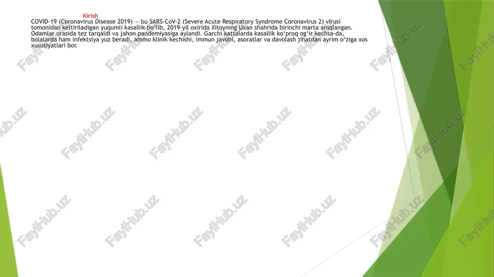 oqsili ace2 bilan bog‘lanadi, tizilikli protsesslar orqali virus membranaga zichlanadi va hujayraga kiradi. organizm virusga qarshi immun tizimni ishga soladi — makrofaglar, dendritik hujayralar, vanat turlari (interferonlar, nk hujayralar) orqali virusni aniqlash va yo‘q qilishga harakat qiladi. endotelial hujayralar (qon tomirlari ichki qavati) zarar ko‘rishi mumkin, qon pıhtilanmalari (tromboz) hosil bo‘lishi mumkin. o‘pka alveol hujayralarida virus yallig‘lanish va o‘pka shilliq qavatining shikastlanishi yuz beradi — bu pnevmoniya simptomlarini paydo qiladi. 2.3 bolalarda kasallik kechishi xususiyatlari bolalarda kasallik ko‘pincha yengil kechadi, asimptomatik bo‘lishi mumkin. 3. klinika va belgilari kasallik bolalarda turlicha kechadi — asimptomatiklardan tortib og‘ir pnevmoniyagacha bo‘lishi mumkin. harorat (isitma) yo‘tal, burun oqishi, tomoq og‘rig‘i nafas qisishi, ta’xikardiya, tahipneya oshqozon-ichak simptomlari: diareya, qusish, oshqozon og‘rig‘i mushak og‘rig‘i, bosh og‘rig‘i, charchoq kechishi ko‘p hollarda yengil shaklda bo‘ladi, lekin ba’zan og‘ir pnevmoniya, ards (akut respirator distress sindromi), shok yuz berishi mumkin yuqishdan 2–6 hafta o‘tib, ko‘p organlarni o‘z ichiga olgan yallig‘lanish belgilar …
