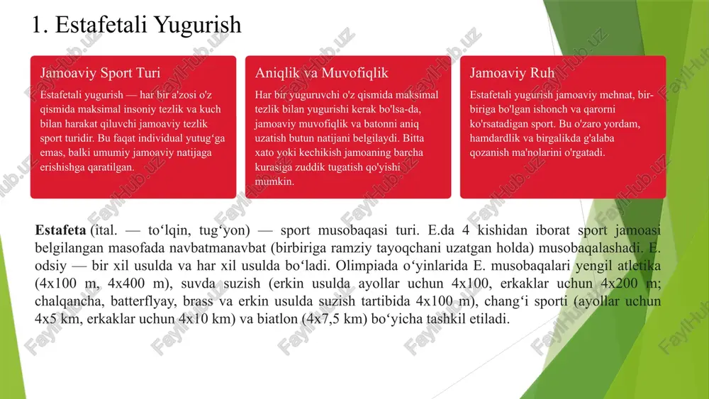 aks holda jamoa katta vaqt yo‘qotadi yoki musobaqadan chetlashtiriladi. tayoqchani topshirish texnikasi: yuguruvchi tayoqchani orqadan uzatadi (ko‘pincha qo‘l orqasidan). qabul qiluvchi yuguruvchi belgilangan hududda harakatlanib, tayoqchani oladi. tayoqcha topshirish 20 metrli zona ichida amalga oshirilishi shart. tayoqchani zona tashqarisida topshirish — qoidabuzarlik hisoblanadi. estafetali yugurishning ahamiyati: jismoniy tayyorgarlikni kuchaytiradi. tezlik, muvofiqlik va jamoaviylikni rivojlantiradi. har bir sportchining mas’uliyatini oshiradi, jamoaviy ruhni shakllantiradi. maktab va sport musobaqalarida bolalar uchun tezlik va muvofiqlikni tarbiyalovchi muhim mashq turidir. 2.estafetani o'tkazishning asosiy qoidalari 1 batonni aniq va tez uzatish batonni uzatayotgan yuguruvchi (doner) undan keyin keladigan yuguruvchiga (qabul qiluvchi) o'z qo'lida aniq tutib, bir-birlari bilan muvofiqda harakat qilish kerak. batonning asosi faqat qabul qiluvchi yuguruvchining qo'lida bo'lishi zarur. 2 uzatish zonasining muhimiyati qaydalarning asosiylaridan biri — baton faqat belgilangan uzatish zonasida (odatda 20 metr uzunlikda) uzatilishi kerak. agar baton ushbu zonadan tashqarida uzatilsa, jamoa disqualifikatsiya qilinadi. har bir yuguruvchi o'z rasmini bilishi va uzatish …