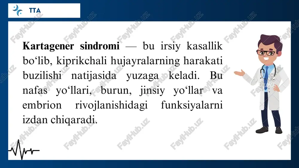 grafiyasi kt aniq va batafsil tasvirlarni olishga yordam beradi. bu usul ichki organlar, jumladan yurak, o‘pka, jigar va buyraklarning joylashuvini ko‘rsatadi 3. ekokardiografiya yurakning holatini tekshirish uchun ekokardiografiya ishlatiladi. u yurakning teskari joylashuvini ko‘rsatadi. 4. magnit-rezonans tomografiyasi mrt, kompyuter tomografiyasiga qaraganda, yirik organlarning va tizimlarning aniq va batafsil tasvirlarini olishda yordam beradi. bu tekshiruvda ichki organlarning tuzilishi va joylashuvi aniqlanadi. 5. genetik testlar (agar kerak bo‘lsa): agar situs inversusning genetik sabablarini aniqlash kerak bo‘lsa (masalan, kartagener sindromi yoki boshqa irsiy kasalliklar), genetik testlar o‘tkaziladi. genetik testlar mutatsiyalar va anomaliyalarni aniqlashda qo‘llaniladi. tta tta davolash 1. respirator zararlanish antibakterial davolash: kartagener sindromida o'pka infektsiyalari va bronxiektaziya ko'plab bemorlarda uchraydi. infeksiyalarni davolash uchun antibakterial preparatlar (antibiotiklar) qo'llaniladi. mukolitiklar va bronxlar uchun dorilar: mukusni siqib chiqarish va bronxlarni ochish uchun mukolitiklar va bronx dilatatorlar (masalan, salbutamol) ishlatiladi. 2. yurak kasalliklari (situs inversus bilan bogʻliq) agar yurakda aritmiyalar (yurak ritmi buzilishi) yoki boshqa muammolar …