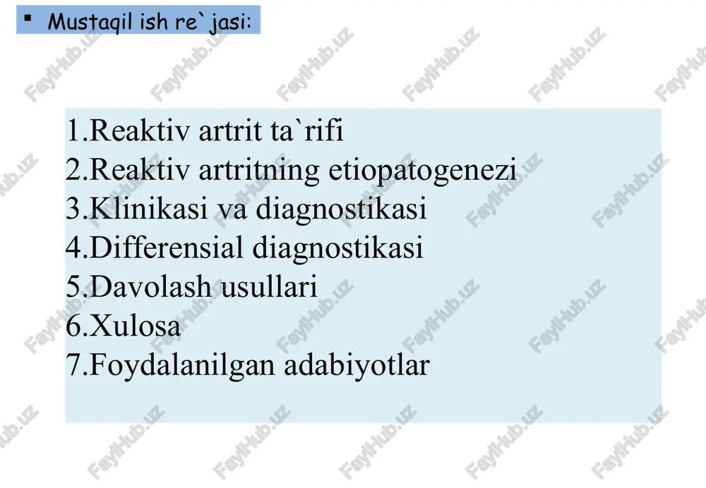 ruslar xam muhokama qilinadi. bolalar revmatologiya amaliyotida yersinia enterocolitika va yersinia pseudotuberculosis, salmonellatyphimurium, shigella flexneri, klebsiella pneumonia, shuningdek chlamydiatrachomatis ureaplasmae asosiy ahamiyatga ega. xlamidiya sababli artrit patogenezi — infeksiya manbaidan bo‘g‘imga tarqalish, antijenlarning saqlanishi va yallig‘lanishni qo‘zg‘ashi bosqichlari vizual ifoda qilingan grafik . reaktiv artritning patogenezi 4 3 2 1 trigger mikroorganizmlarning urogenital tizim a’zolarida o‘rnashishi va ko‘payishi b-limfotsitlarning poliklonal faollanishiga, maxsus antitanachalar ishlab chiqarilishiga olib keladi va o‘z to‘qima komponentlariga qarshi ta’sir ko‘rsatadi va tsik shakllanadi (autoimmun kechki bosqich). kasallik klinikasi patologik jarayon kechish xarakteriga qarab aniqlanadi. rkaning o‘tkir, o'tkir osti, retsidivlanuvchi va surunkali kechuvchi turlari tafovut qilinadi. artrit 3 oygacha davom etsa patologik jarayon xarakteri-o‘tkir(deb baxolanadi), 3 oydan 9 oygacha bo'lsa - o'tkir osti, 9 oydan ko'p-surunkali kechishi deyiladi. retsidivlanuvi deb, oldingi xurujdan so'ng 6 oydan kam bo'lmgan klinik- laboratoor remissiya fonida qayta rivojlangan artritga aytiladi. o‘tkir kechishi. taxminan 80% bolalarda bo'gimlarda ogriq, shish va xarakat xajmining cheklanashi …
