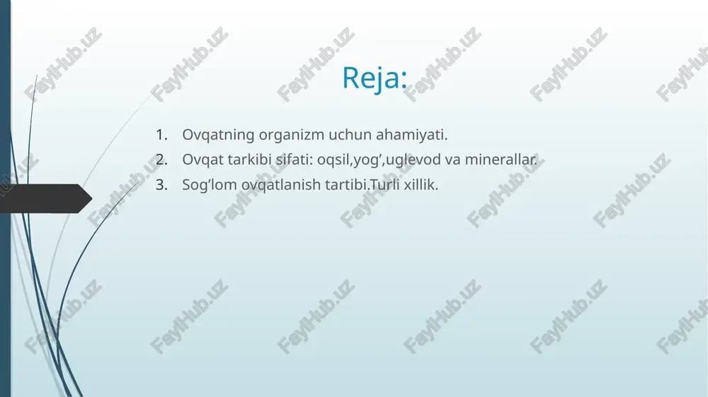 sutkalik ehtiyoj100 g. yog’lar metabolik jarayonlarda qatnashadi, hujayra va to’qimalarning tarkibiy qismiga kiradi; ular qimmatbaxo energiya manbaibo’lib xizmat qiladi - 1 g yog’ parchalanganda 9 kkal energiya hosil bo’ladi. yog’lar uchun sutkalik ehtiyoj 60-150 g. uglevodlar fakat energiya manbayi bulmasdan, (1 g uglevod parchalanganda 4 kkal energiya xosil buladi)balki oqsil va yog, so’lakning sekretsiyasi, gormonlar, fermentlar vanormal metabolizm uchun zarur modda hisoblanadi.umumiy uglevodlar mikdori ichida engil hazm buluvchi uglevodlar-15-20%, sellyuloza va pektin - 5% kraxmal -75-80% bo’lishi kerak. uglevodlarga bo’lgan extiyoj kuniga 400-500 grammni tashkil etadi. bulardan tashqari ovqat tarkibida mineral moddalar, suv va vitaminlar zarur miqdorda bo’lishi kerak. sog’lom ovqatlanish tartibi. turli xillik. sog’lom ovqatlanish tartibiga o’tish bu ovqatlanish odatlarini o’zgartirish demakdir. ammo buni asta sekinlik bilan bajarmoq lozim, chunki birdan joningizga tegib qolsa, keyingi qadam yana ham murakkabroq bo’ladi. yangi taom va mahsulotlarni bosqichma bosqich kirgizib, ovqatlanish tartibingizni o’zgartiring. ana shunda ruhiy jihatdan qiynalmaysiz. asosiysi ratsioningizda turli xil …