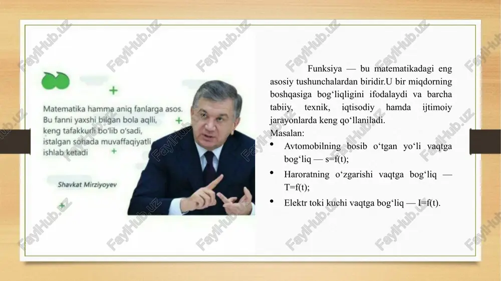 katlar raqamli vositalar (geogebra, desmos yoki excel dasturi) “zinama-zina” o‘yini uchun kartochkalar x 0 1 2 3 y 1 3 5 7 funksiya so‘z bilan izohlanadi: “jismning tushish tezligi vaqtga bog‘liq”, “avtomobil masofasi vaqtga nisbatan o‘sadi”. bu hollarda matematik bog‘lanish so‘z orqali ifodalanadi, lekin matematik model tuzish uchun uni formulaga aylantirish kerak bo‘ladi. misollar 1️⃣ y=2x+1— analitik berilgan. 2️⃣ quyidagi jadval orqali berilgan: 3️⃣ y=sinx — grafik orqali ko‘rsatiladi. 4️⃣ “haroratning vaqtga qarab o‘zgarishi” — so‘z orqali berilgan funksiya. 1️⃣ “kashf qilish” metodi (topish orqali tushunish) maqsad: o‘quvchilar o‘zlari kundalik hayotdagi misollar orqali funksiya tushunchasini topadilar. qo‘llash: o‘qituvchi savol beradi: “agar har bir kishi uchun faqat bitta pasport raqami bo‘lsa, bu qanday bog‘lanish?” “mashina tezligi vaqtga bog‘liq bo‘lishi mumkinmi?” “harorat vaqt o‘tishi bilan o‘zgaradimi?” o‘quvchilar fikrlab xulosa chiqaradi: “har bir sababga (x) bitta natija (y) mos kelsa — bu funksiya!” o‘quvchi xulosasi: funksiya — miqdorlar orasidagi bog‘lanish; har bir argument …