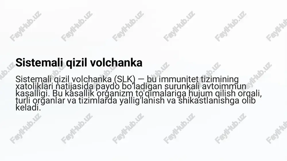 n, tana og'rig'i, toshma va qo'shilish og'rig'i tufayli qizil volchankali bemorlarda charchoq keng tarqalgan. qizil volchankadan keladigan asoratlar buyrak etishmovchiligi qizil volchanka buyraklarga ta'sir qilib, jiddiy muammolarga olib kelishi mumkin. yurak muammolari qizil volchanka yurak qoplag'ini yallig'lanishiga olib kelishi mumkin. o'pka muammolari qizil volchanka o'pkada suyuqlik to'planishiga olib kelishi mumkin. nevrologik muammolar qizil volchanka miya va boshqa asab tizimiga ta'sir qilib, bosh og'rig'i va bosh aylanishiga olib kelishi mumkin. differensial diagnostikasi. revmatoyid artrit (ra) artrit, charchoq, immun markerlar ra da simmetrik poliartrit, rf va anti-ccp ijobiy, sle da esa ko‘proq no-eroziv artrit, ana, dsdna ijobiy sklerodermiya (sscl) raynaud fenomeni, mushak og‘rig‘i sscl da terining qattiqlashuvi, anti-scl-70 ijobiy; sle da bu belgilar kamroq dermatomiyozit / polimiyozit muskullar og‘rishi, teri toshmalari kuchli proksimal muskullar zaifligi, ko‘tarilishda qiynalish; miopatiya markerlari (ck↑), emg, biopsiya foydali sjogren sindromi quruq ko‘z va og‘iz, immun markerlar anti-ro/la antitanalar; sle bilan kombinatsiyalangan holatlar ham bo‘ladi • leykemiya / …