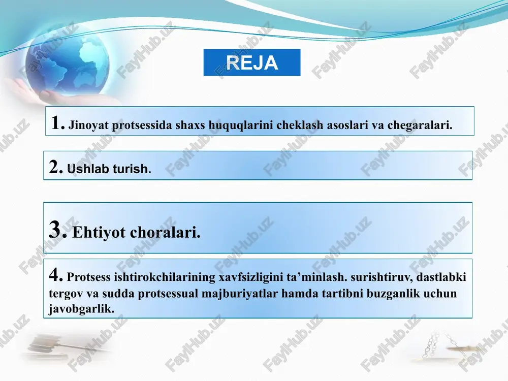 i ushbu shaxsni gumon qilinuvchi tariqasida ushlab turishga asos bo‘ladi. kimlar immunitet huquqidan foydalanadi? o‘zbekiston respublikasi jinoyat-protsessual kodeksining 221-moddasining 4-bandi. o‘zbekiston respublikasi oliy majlisining qonunchilik palatasi deputati va senati a’zosi, o ‘zbekiston respublikasi oliy majlisining inson huquqlari bo‘yicha vakili (ombudsman), o‘zbekiston respublikasi prezidenti huzuridagi tadbirkorlik subyektlarining huquqlari va qonuniy manfaatlarini himoya qilish bo‘yicha vakil, qoraqalpog‘iston respublikasi jo‘qorg‘i kengesi deputati, xalq deputatlari viloyat, tashkent shahar, tuman va shahar kengashi deputati, o‘zbekiston respublikasi konstitutsiyaviy sudining sudyasi, boshqa sud sudyalari, prokuror va prokuratura tergovchisi ushlab turish chog‘ida majburlov chorasini qo‘llash immunitet huquqidan foydalanadilar. lavozimdan chetlashtirish amaldagi qonunchilikda ayblanuvchi yoki sudlanuvchini mulkchilik shaklidan qat’i nazar, har qanday korxona va tashkilotda (davlat, xususiy) egallab turgan har qanday lavozimidan chetlashtirish mumkinligi nazarda tutiladi. lavozimdan chetlashtirish vaqtincha qo‘llanadigan chora bo‘lib, u faqat dastlabki tergov va sudda muhokamasi davrida qo‘llaniladi. ayblanuvchini lavozimidan chetlashtirish to‘g‘risida iltimosnoma qo‘zg‘atish haqidagi qarorda: lavozimidan chetlashtiriladigan shaxs haqidagi ma’lumotlar; uning ish joyi; lavozimdan chetlashtirish …