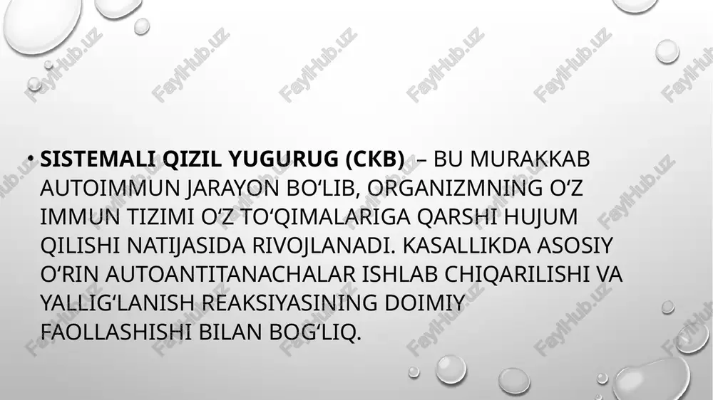 da “kapalak shaklidagi” qizil toshma (burun va yonoqlar ustida) • quyosh nuri ta’sirida kuchayuvchi toshmalar (fotosensitivlik) • soch to‘kilishi (alopecia) • teri yaralari va pigmentatsiya o‘zgarishi bo‘g‘im belgilar (artrit) • qo‘l, tirsak, tizza va oyoq bo‘g‘imlarida og‘riq • bo‘g‘imlarning shishishi va qotishishi • artrit odatda simmetrik bo‘ladi labarator tekshiruv 1. umumiy qon tahlili (oak) • anemiya – gemoglobinning pasayishi • leykopeniya – leykotsitlar sonining kamayishi • trombositopeniya – trombotsitlar sonining kamayishi • eritrosit cho‘kish tezligi (echt/esr) – yuqori bo‘ladi 2. umumiy siydik tahlili (oam) • proteinuriya – siydikda oqsil borligi • gematuriya – siydikda qon bo‘lishi • silindrlar va hujayra elementlari • lupus nefritining belgisi 3. biokimyoviy tahlillar • buyrak faoliyatini baholash: • kreatinin va mochevina oshishi • jigar ko‘rsatkichlari: alt, ast o‘zgarishi • oqsillar: • giperalfa va gammaglobulinemiya • albumin pasayishi 4. immunologik tahlillar (asosiy) ana (antinuclear antibody) lupusga umumiy sezgir test, aksariyat hollarda (+) bo‘ladi anti-dsdna lupusga xos …