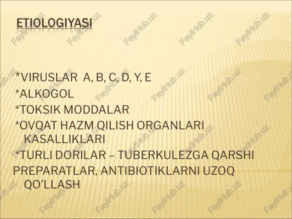 bioptatini gistologik tekshirish natijalari � o’tkir gepatit � birlamchi biliar sirroz � uilson-konovalov kasalligi � birlamchi sklerozlovchi xolangit � qo’zish davrida gospitalizatsiya qilish � 5-dieta stoli – qovurilgan, o’tkir oziqlarni kiritmaslik � spazmalitiklar – noshpa, platifillin � gepatoprotektorlar – essensiale, karsil, vitaminlar � profilaktikasi - virusli o’tkir gepatitning oldini olish, alkogol iste'moliga chek qo’yish, o’tkir gepatitni sifatli davolash, turmushda va ishlab chiqarishda zaharlanishga barham berish. � oqibati - kasallikning bosqichiga, protsess faolligining gistologik belgilariga, � nekrozning tipiga bog’liq. butunlay sog’ayish juda kam. � 10-25% bemorlarda spontan remissiya � 30-50% bemorlarda jigar sirroziga o’tish kuzatiladi � jigar-hujayra karsinomasi � malignizatsiya