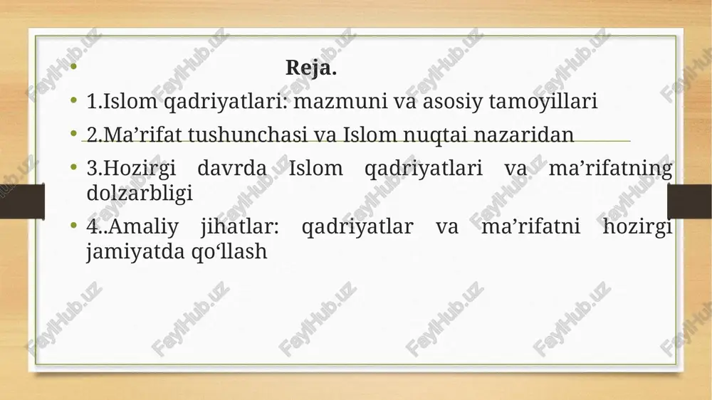 kkurga, o‘rganishga va bilim orttirishga da’vat etadi. bu oyat ma’rifatning inson hayotidagi o‘rni naqadar muhimligini ko‘rsatadi. payg‘ambarimiz muhammad (s.a.v.) ham “ilm olish har bir musulmon erkak va ayolga farzdir” deb marhamat qilganlar. demak, ilm-ma’rifat islomda faqat diniy yoki dunyoviy bilim emas, balki insonning hayotiy yo‘lini to‘g‘ri yo‘naltiruvchi, uni komil inson darajasiga olib chiquvchi kuch sifatida talqin etiladi. bugungi globallashuv davrida insoniyat ko‘plab yangi imkoniyatlar bilan bir qatorda jiddiy sinovlarga ham duch kelmoqda. texnologiyalar, axborot vositalari, internet tarmoqlari inson fikrini kengaytirgani bilan, ba’zida ma’naviy bo‘shliqni ham keltirib chiqarmoqda. ana shunday sharoitda islom qadriyatlari va ma’rifatning ahamiyati yanada ortmoqda. chunki ular insoniyatni ma’naviy beqarorlik, axloqiy inqiroz, befarqlik va zo‘ravonlikdan asraydigan poydevordir. islom qadriyatlari hozirgi davrda nafaqat musulmonlar uchun, balki butun insoniyat uchun tinchlik, adolat, bag‘rikenglik va totuvlik g‘oyalarini targ‘ib qiluvchi manba bo‘lib xizmat qilmoqda. dinda irqiy, milliy yoki sinfiy ustunlik yo‘q, barcha insonlar teng huquqli yaratilgan. shuning uchun islom qadriyatlari bugungi kunda …