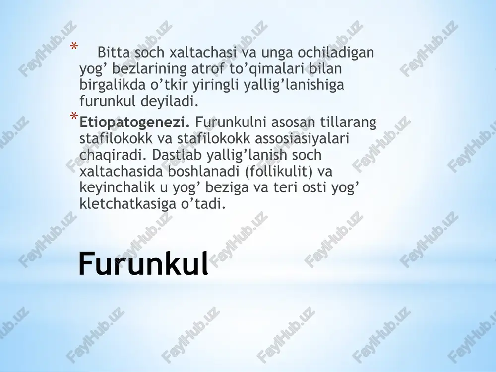 g abstsessga o’tish bosqichida bemorlar operativ yo’l bilan davolanadi. chaqaloqlar mastiti furunkulyoz ananing turli sohalarida joylashgan bir nechta soch xaltachalari va ularga ochiladigan yog’ bezlarining atrof to’qimalari bilan birgalikda yiringli yallig’lanishiga furunkulyoz deyiladi. etiopatogenezi. furunkulyozni ham tillarang stafilokokk va stafilokokk assosiasiyalari chaqiradi. furunkulyoz sistemali kasallik bo’lib, tananing har joyida bir nechta furunkullar chiqishi bilan xarakterlanadi. furunkulyozda ham 2 ta bosqich: infiltrasiya va abstsessga o’tish bosqichlari tafovut qilinadi.. bemorlarning umumiy ahvoli o’rtacha og’irlikda bo’ladi. ularda surunkali immuntanqis­lik holati (immunologik tekshirishlarda) va anemiya aniqlanadi. kasallikning yuz va bo’yinda uchrashi xavfli bo’lib, bunda ba’zan furunkul kasalligida bo’lgani kabi asoratlarni keltirib chiqaradi. differensial diagnozi. furunkulyoz kasalligini psevdofurunkulyoz, abstsess, flegmona, gidradenit, spesifik kasalliklar hisobiga vujudga keladigan granulyomalardan farqlash kerak. davosi. furunkulyoz bilan og’rigan bemorlarni davolash yiringli kasalliklarni davolashning 3 ta qoidasidan va kasallikning bosqichidan kelib chiqqan holda kompleks ravishda olib boriladi (furunkulning davosiga qarang). kuraklararo adeponekroz image1.jpeg image2.jpeg