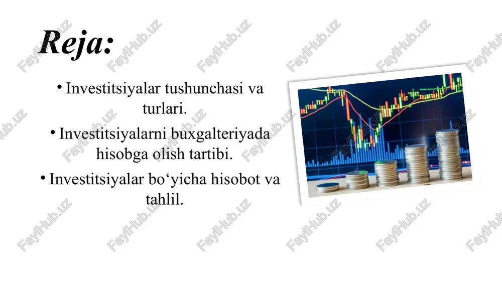 a bevosita ishtirok etadi. korxona ustav kapitaliga ulush kiritish 8 portfel investitsiyalari foyda olish uchun turli qimmatli qog‘ozlar paketiga kiritilgan mablag‘lar. turli kompaniyalar aksiyalarini sotib olish 9 innovatsion investitsiyalar yangi texnologiya, ilmiy ishlanmalar, nou-xaularga sarmoya kiritish. sun’iy intellekt tizimiga investitsiya 10 ijtimoiy investitsiyalar ta’lim, sog‘liqni saqlash, madaniyat sohasiga yo‘naltirilgan mablag‘lar. maktab qurilishi, tibbiyot loyihasiga sarmoya7 investitsiyalarni buxgalteriyada hisobga olish tartibi. investitsiyalarni buxgalteriyada hisobga olish — bu korxona tomonidan amalga oshirilgan investitsion faoliyat natijasida olingan moliyaviy va moddiy aktivlarni aniqlash, ularni to‘g‘ri baholash va buxgalteriya hisobotlarida aks ettirish jarayonidir. maqsadi: investitsiyalar hajmi va tuzilmasini aniqlash; ularning samaradorligini nazorat qilish; hisobotlarda to‘g‘ri va haqqoniy ma’lumotlarni aks ettirish. investitsiyalarni buxgalteriya hisobida guruhlash. t/r investitsiya turi hisob schyoti hisobga olish muddati izoh 1 uzoq muddatli moliyaviy investitsiyalar 06 – “uzoq muddatli moliyaviy investitsiyalar” 1 yildan ortiq aksiyalar, obligatsiyalar, boshqa korxonalarga kiritilgan sarmoyalar 2 qisqa muddatli moliyaviy investitsiyalar 58 – “qisqa muddatli moliyaviy investitsiyalar” 1 …