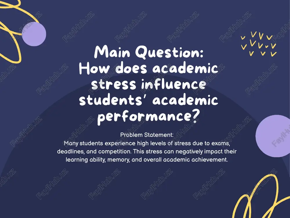 ll information during exams. study effectively therefore, stress directly reduces students’ ability to study effectively. reasoningreasoning motivation and confidence emotional stress lowers motivation and self- confidence, leading to procrastination and avoidance. creativity continuous pressure discourages creativity and participation in class. lower stress = better performance. balanced mental health improves productivity and memory, showing that lower stress = better performance. conclusionconclusion recommendations schools should provide stress management workshops. students should practice time management, relaxation, and self-care to improve performance. what can be done during classes teachers can reduce pressure by focusing on understanding, not just grades. mental health and learning outcomes. academic stress has a strong negative impact on students’ performance, affecting both mental health and learning outcomes. thank you
