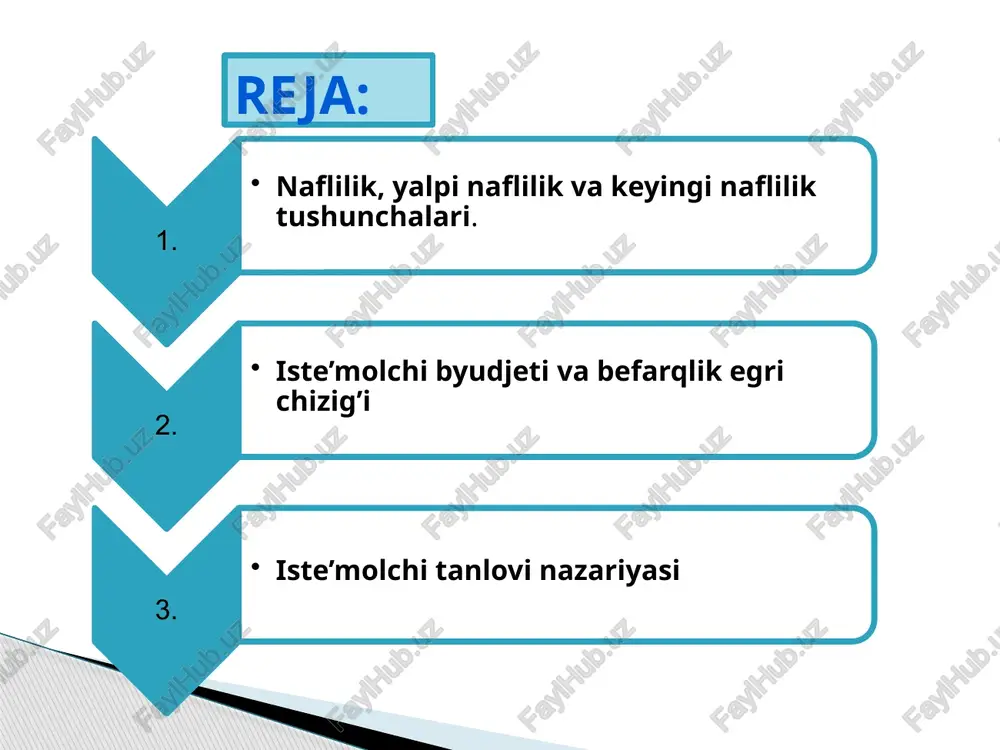 qo’shilgan naflilik (mu) yalpi naflilik (tu) 0 1 2 3 4 5 … 211 - 210 105 70 52,5 42 … -1 0 210 315 385 377,5 479,5 … obrazets teksta vtoroy uroven tretiy uroven chetvertiy uroven pyatiy uroven kishining umumiy nafliligi ma’lum iste’mol hajmigacha o‘sib boradi, keyin esa manfiy so‘nggi qo‘shilgan naflilik hisobiga kamayib boradi. so‘nggi qo‘shilgan naflilik esa har doim tushib boradi. bu so‘nggi qo‘shilgan naflilikning tushib borish qonuni deb ataladi. umumiy va so’nggi qo’shilgan naflilik egri chiziqlari befarqlik egri chizig’i x2 3 a b 2 0 x1 1 2 befarqlik egri chizig’i ehtiyojlarni bir xil darajada qondirilishini ta’minlovchi iste’mol to‘plamlari yig‘indisini namoyon etadi befarqlik egri chizig’i befarqlik egri chizig’i iste’molga 1-marta ingliz olimi fransuz edyuard tomonidan 1881-yilda kiritilgan. befarqlik egri chizig’i ehtiyojlarni bir xil darajada qondirilishini ta’minlovchi iste’mol to‘plamlari yig‘indisini namoyon etadi x2 3 a b 2 0 x1 1 2 agar iste’molchining a va b tovarlarning …