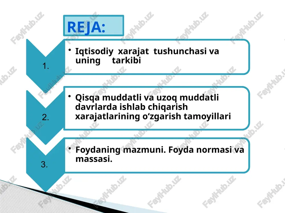 orxonaning ishlab chiqarish quvvatlarini va barcha band bo‘lgan resurslari miqdorini o‘zgartirish uchun yetarli bo‘lgan davrdir qisqa muddatli va uzoq muddatli davrlarda ishlab chiqarish xarajatlarining o‘zgarishi o’rtacha xarajatlar va ularni aniqlash usullari mahsulot (yoki xizmat) birligini ishlab chiqarishga sarflangan xarajatlar o‘rtacha xarajatlar deb ataladi. o’rtacha umumiy xarajatlar (atc) - umumiy yoki yalpi xarajatlarning (tc) ishlab chiqarilgan tovarlar (q) miqdoriga nisbati, ya’ni: atc = tc / q o’rtacha doimiy xarajatlar (afc) - doimiy xarajatlarning (fc) ishlab chiqarilgan tovarlar (q) miqdoriga nisbati, ya’ni: afc = fc / q o’rtacha o‘zgaruvchi xarajatlar (avc) - o’zgaruvchi xarajatlarning (vc) ishlab chiqarilgan tovarlar (q) miqdoriga nisbati, ya’ni: avc = vc / q ishlab chiqarish miqyosining ijobiy samarasi (economies of scale) shunda namoyon bo‘ladiki, korxonada ishlab chiqarish hajmi o‘sib borishi bilan, bir qator omillar ishlab chiqarish o‘rtacha xarajatlarining pasayishiga ta’sir ko‘rsata boshlaydi. bu omillar quyidagilar: mehnatning ixtisoslashuvi boshqaruv xodimlarining ixtisoslashuvi kapitaldan samarali foydalanish qo‘shimcha turdagi mahsulotlarning ishlab chiqarilishi …