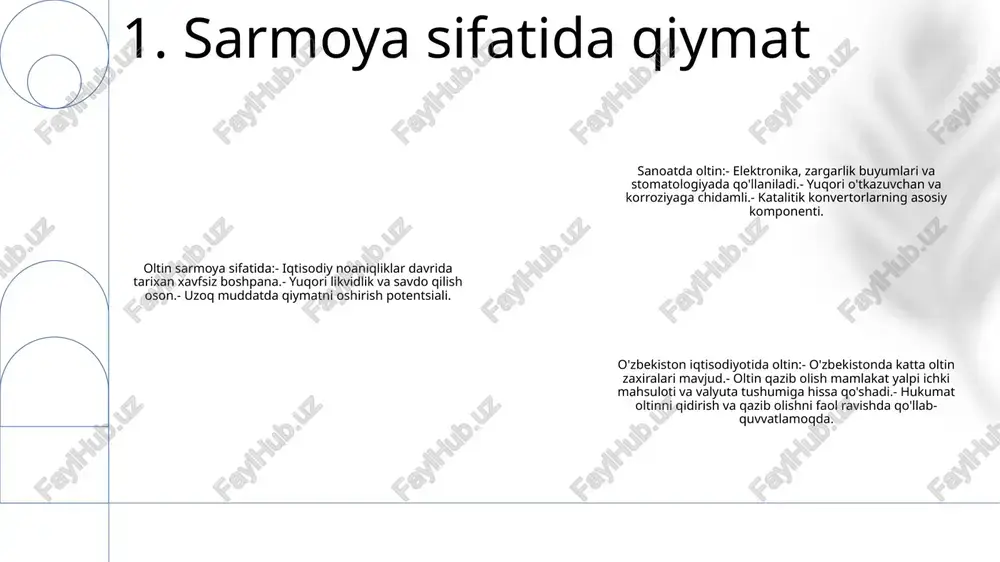 da qimmatli qiladi. bundan tashqari, oltin elektrokaplamada va elektronikada himoya qoplamasi sifatida ishlatiladi. 3. elektronikada oltin oltinning tozaligi: zargarlik toifasidagi oltin chidamliligini yaxshilash va rangini o'zgartirish uchun ko'pincha boshqa metallar bilan qotishtiriladi. oltinning sofligi karat bilan o'lchanadi, 24 karat sof oltindir. keng tarqalgan qotishma metallarga mis, kumush va palladiy kiradi. sanoatda oltin: oltinning yuqori elektr o'tkazuvchanligi va korroziyaga chidamliligi kabi noyob xususiyatlari uni turli sanoat ilovalarida qimmatli qiladi. u elektronika, stomatologiya, tibbiyot va aerokosmik muhandislikda qo'llaniladi. masalan, oltin elektr konnektorlarida, tish plombalarida va aks ettiruvchi yuzalar uchun qoplama sifatida ishlatiladi. madaniy ahamiyatga ega: oltin asrlar davomida madaniy va diniy ahamiyatga ega. u butun dunyo bo'ylab artefaktlar, bezaklar va valyutalarni yaratish uchun ishlatilgan. ko'pgina madaniyatlarda oltin boylik, kuch va ilohiylikni anglatadi 4. zargarlik buyumlarida oltin tarixi va ahamiyati: oltin asrlar davomida insoniyat san'ati va madaniyatida muhim o'rin tutib, boylik, kuch va obro'-e'tibor ramzidir. dekorativ san'atda oltin turli shakllarda, jumladan, barg, filigra …