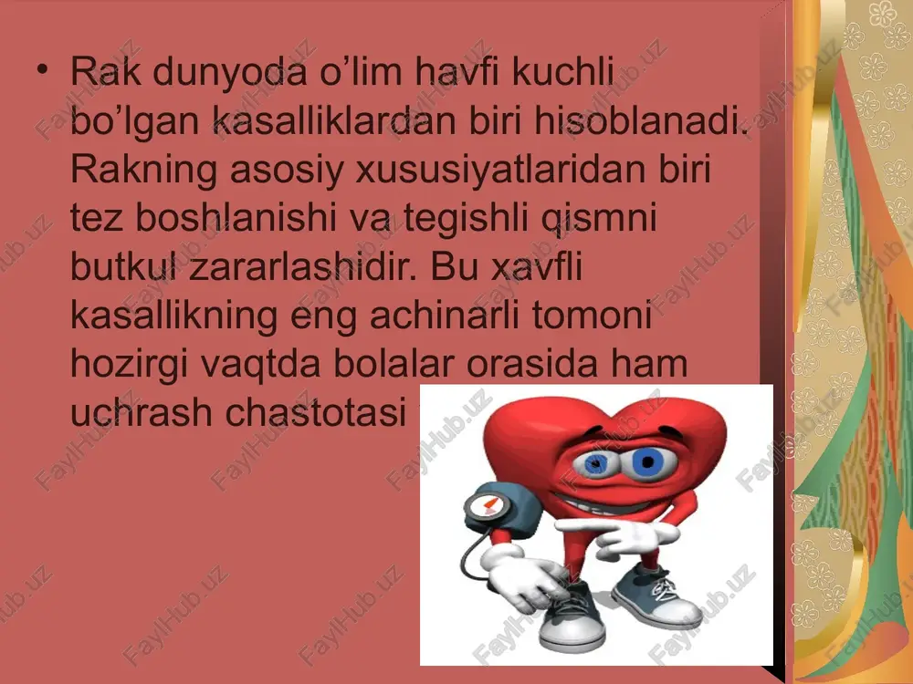 holi soni bo’yicha 70-74 yosh oralig’i tashkil etadi: erkaklarning 18,25 va ayollarning 16,3% qismi tog’ri keladi. 2016-yil 9-fevraldan “bolalar raki” termini alohida kiritilgan. unga binonan 0 yoshdan 15 yoshgacha qayd etilgan rak bolalar raki deb ataladi. lekin ularning umumiy foizlari dunyo miqyosida unchalik ko’p emas masalan barcha o’sma kasalliklarining 0,5- 4,6%ini bolalar raki tashkil etadi. umumiy ko’rsatkichlarga binoan jahon miqyosida bolalar raki ko’rsatkichi 50dan 200mln bollar kasallanganligini ko’rsatadi. ayollarda uchrashi bo’yicha : sut bezi raki 20,4%. teri raki 14,7%. oshqozon raki 5,8%. bachadon tanasi raki 7,4%. bachadon bo’yni raki 5,3%. tuxumdon raki 4,6%. traxey ,bronx va o’pka raki 3,8%. limfa va qon yaratuvchi to’qima raki 4,4%. to’g’ri ichak raki 4,7%. xavfli sifatli o’smalar aniqlanishi bo’yicha rossiyada erkaklar bo’yicha: traxeya ,bronx,o’pka 18,9%, prostata bezi raki 11,9%. teri raki 10,1%. oshqozon raki 9,1%. chambar ichak raki 5,8%. siydik pufagi raki 4,5%. xiqildoq tamaki istemol qilish alohida etiborga molik faktor hisoblanadi rak kasalliklari …