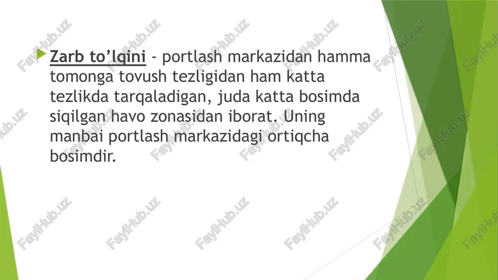 i 1-sekundda, 2000 metrni 3-sekundda o’tishi mumkin. shu vaqt orasida kishi osmonda yorug’ shu’lani ko’rishi bilan yashirinishga ulgurishi va zarba to’lqini shikastlanishidan saqlanib qolishi mumkin. zarba to’lqinining shikastlash kuchi zichlanish fazasida hosil bo’lgan bosimga bog’liq. bunda siyraklashgan faza hech qanday ta’sirlash kuchiga ega emas, u faqat zichlanish fazasi ta’sirini kuchaytirish xususiyatiga ega xolos. zarba to’lqini yadro portlashi vaqtidagi asosiy shikastlovchi omil bo’lib hisoblanadi va jami portlash energiyasining taxminan 50 % i shu omilga to’g’ri keladi. yorug’lik nurlanishi jami energiyaning 35% ini egallaydi. yorug’lik nuri tarqalishi 10-15 sekund , faqat toʻgʻri yoʻnalishda tarqaladi. uning kuchayishi odamlarning 4 xil daarajag kuyishiga olib keladi. o'tuvchi radiatsiya- yadro portlash zonasida chiqqan gamma nurlar va neytronlar oqimidan iborat. energiyaning 5%ini egallaydi, ta’sir vaqti 15-20 sekund. u 1kg kulon qabul qilingan. nurlanishlar yorug’lik nurlanishi. yadro portlashidan hosil bo’lgan olovli shardan chiqadigan va nihoyat darajada kuydiruvchi issiqlik energiyasi tarqatadigan yorug’lik nuri oqimidan iborat. yadro portlashi jami enyergiyanint …
