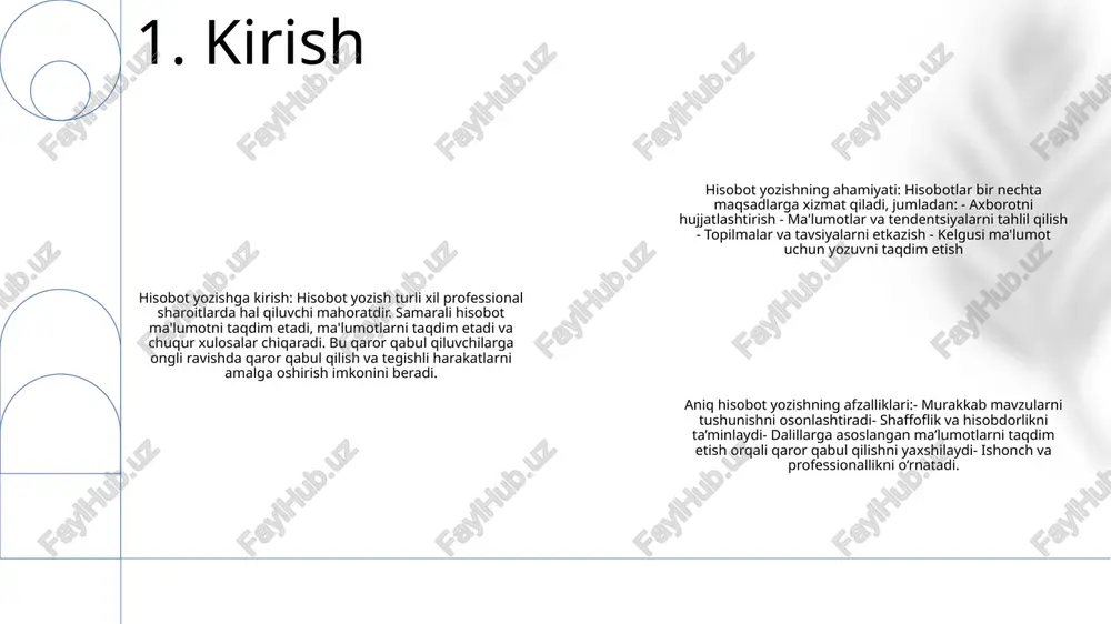 ni ishontirishga qaratilgan ma'lum bir nuqtai nazar yoki qarorni qo'llab-quvvatlash uchun dalillar va dalillarni taqdim eting. 3. hisobotlar turlari xulosa:- asosiy topilmalar va tavsiyalarni ajratib ko‘rsatadi.- hisobot mazmuni haqida qisqacha ma’lumot beradi. topilmalar va tahlillar: - o'tkazilgan tadqiqot va tahlil qilingan ma'lumotlarni taqdim etadi. - xulosalarni dalillar bilan qo'llab-quvvatlaydi. tavsiyalar:- topilmalar asosida amalga oshirilishi kerak bo'lgan aniq harakatlarni taqdim etadi.- tavsiyalarni amalga oshirish bo'yicha ko'rsatmalar beradi. 4. yaxshi hisobotning elementlari maqsad va auditoriyani aniqlang: hisobotni yozish sababini aniqlang va mo'ljallangan o'quvchilarni aniqlang. ma'lumotlarni to'plash va tartibga solish: tadqiqot, suhbatlar va kuzatishlar kabi turli manbalardan kerakli ma'lumotlarni to'plang. ma'lumotlarni mantiqiy bo'limlarga ajrating. aniq va ixcham yozing: texnik jargondan qochib, aniq va ixcham tildan foydalaning. o'qishni yaxshilash uchun hisobotni sarlavhalar, kichik sarlavhalar va nuqtalar bilan tuzing. 5. samarali hisobot yozish uchun qadamlar qisqacha tuting: hisobotlar barcha kerakli ma'lumotlarni etkazishda imkon qadar qisqa bo'lishi kerak. keraksiz tafsilotlardan qoching va asosiy fikrlarga e'tibor qarating. …