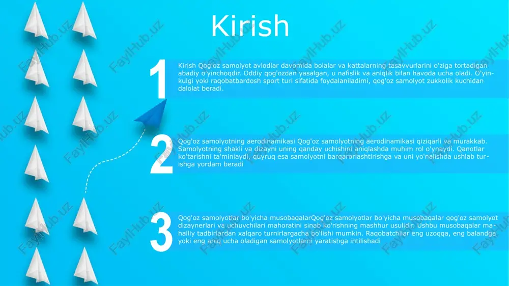 sini uyg'otadi. qog'oz tekisligi: haykal o'ralgan qog'ozning bitta varag'idan qurilgan bo'lib, origami mohiyatini yopishtiruvchi yoki mahkamlagichlardan foydalanmasdan aks ettiradi. ochiq tikuvlar va burmalar dizaynga chuqurlik va intriga qo'shadi. materiallar va qurilish aerodinamik dizayn: qog'oz samolyotlarning shakli va dizayni havo plyonkasini yaratish uchun ehtiyotkorlik bilan ishlab chiqilgan bo'lib, uning egri sirtlari orqali havo oqimi orqali ko'tarilish hosil qiladi. yengil materiallar: qog'oz samolyotlari odatda qog'oz kabi engil materiallardan ishlab chiqariladi, ular minimal og'irlikni ta'minlaydi va ko'tarishni maksimal darajada oshiradi. oddiy yig'ish: qog'oz samolyotlarni minimal asboblar va materiallar bilan yasash mumkin, bu ularni har qanday yoshdagi va mahorat darajasidagi odamlar uchun qulay hunarmandchilikka aylantiradi. parvoz xususiyatlari masofa: qog'oz samolyot ucha oladigan masofa uning dizayni, og'irligi va uni uchirishda qo'llaniladigan kuch miqdori bilan belgilanadi. yaxshi ishlab chiqilgan samolyot 100 fut yoki undan ko'proq masofani bosib o'tishi mumkin. barqarorlik: qog'oz samolyotining barqarorligi uning parvoz paytida to'g'ri yo'lni saqlab turish qobiliyatini anglatadi. barqaror samolyot chayqalmaydi yoki …