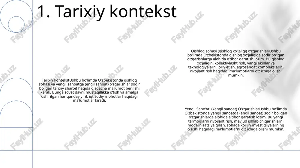 xonalarida bandlik imkoniyatlarini oshirish.- qishloq jamoalari uchun hosildorlik va daromadlarni oshirish. infratuzilmani rivojlantirish:- qishloq hududlarini bozorlar bilan bog‘lovchi transport tarmoqlari yaxshilandi.- sog‘liqni saqlash, ta’lim va kommunal xizmatlar kabi muhim xizmatlardan foydalanish imkoniyati. 3. ijtimoiy-iqtisodiy ta'sirlar suv resurslari: loyiha sug'orish infratuzilmasini yaxshilaydi, natijada suvni yaxshiroq boshqarish va samarali foydalanish, suv yo'qotilishining kamayishiga va suv bilan ta'minlanishining yaxshilanishiga olib keladi. issiqxona gazlari emissiyasi: loyiha fermerlik va sanoat faoliyatida energiya samaradorligini oshirish, issiqxona gazlari chiqindilarini kamaytirish va iqlim o'zgarishini yumshatishga yordam beradigan chora-tadbirlarni o'z ichiga oladi. biologik xilma-xillikni saqlash: loyiha faoliyatning biologik xilma-xillikka zarar bermasligini ta'minlash uchun atrof-muhitni baholashni o'z ichiga oladi, maqsadli hududlarda tabiiy ekotizimlar va turlarni saqlashga yordam beradi. 4. atrof-muhitga ta'siri 1. tadqiqot maqsadlari: o‘zbekiston qishloq xo‘jaligi va yengil sanoat tarmoqlaridagi so‘nggi tendensiyalar va o‘zgarishlarni tahlil qilish. 2. siyosat natijalari: ushbu sektorlarda barqaror o'sish va rivojlanishni qo'llab-quvvatlash uchun dalillarga asoslangan siyosat tavsiyalarini ishlab chiqish. 3. manfaatdor tomonlar: hukumatdagi qarorlar qabul …