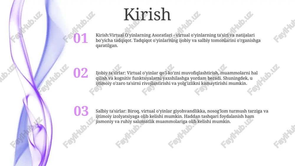 l kilogramm ortishi mumkin. ko‘zning zo‘riqishi va bosh og‘rig‘i: o‘yin paytida ekranda uzoq vaqt ishlash ko‘zni zo‘rlashi, bosh og‘rig‘iga, ko‘rishning xiralashishiga va quruq ko‘zlarga olib kelishi mumkin. ruhiy salomatlik muammolari virtual haqiqat: ruhiy salomatlik muammolari bilan kurashishda yordam virtual haqiqat (vr) terapiyasi tashvish, depressiya va ptsd kabi turli xil ruhiy salomatlik sharoitlari bilan bog'liq simptomlarni engillashtirish uchun istiqbolli vosita sifatida paydo bo'ldi. immersive hikoyalar: murakkab his-tuyg'ularga murojaat qilish vr tajribalari chuqur hissiy aloqalarni rivojlantiradigan immersiv muhitlarni yaratishi mumkin. interfaol hikoyalar va boshqariladigan vizualizatsiya orqali foydalanuvchilar o'zlarining his-tuyg'ularini o'rganishlari, ichki mojarolarga qarshi turishlari va chidamlilikni rivojlantirishlari mumkin. foydalanish imkoniyati va kengaytirilishi: treatment uchun kengroq imkoniyatlarvr ruhiy salomatlik davolashdan foydalanish imkoniyatini oshirish potentsialini taklif etadi, ayniqsa kam ta'minlangan hududlarda. virtual platformalardan foydalangan holda, terapevtlar an'anaviy shaxsiy terapiya uchun to'siqlarga duch kelishi mumkin bo'lgan shaxslarga murojaat qilishlari mumkin. ijtimoiy izolyatsiya psixologik salomatlikka ijobiy ta'sir: virtual o'yinlar yolg'izlik va ijtimoiy izolyatsiya hissini kamaytirishda samarali …