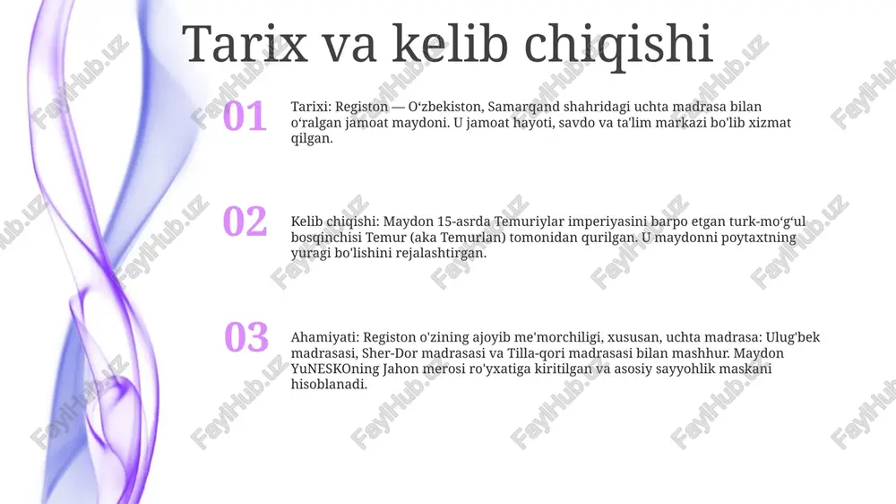 'rta asrlardagi mahallalarni buzib, shaharning tarixiy tuzilishini o'zgartirib, zamonaviy uy-joy va qulayliklar qurdi. sanoatlashtirish: sovet siyosati ogʻir sanoatga qaratilgan boʻlib, registon atrofida fabrikalar va sanoat zonalari qurilishiga olib keldi, shaharning iqtisodiy manzarasini oʻzgartirdi. monumental arxitektura: registonda sovet ittifoqi davrida amir temur muzeyi va do‘stlik monumenti kabi muhtasham binolar va obidalar qad rostlagan bo‘lib, ular mintaqaning boy tarixini namoyish etish va sovet mafkurasini targ‘ib qilish istagini aks ettiradi. hozirgi zamonning ahamiyati arxitektura mo‘jizasi: registonning hayratga soladigan arxitektura ansambli o‘zining murakkab koshinlari va baland minoralari bilan tashrif buyuruvchilarni o‘ziga rom etishda davom etmoqda. bu temuriylar davrining ajoyib hunarmandchiligidan dalolat beradi va mintaqaning badiiy merosini namoyish etadi. qadimgi tsivilizatsiyalar yuragi: registon madaniyat va savdoning jonli markazi bo'lib xizmat qilgan markaziy osiyoning boy tarixidan dalolat beradi. bu mintaqaning ipak yo'lidagi hal qiluvchi rolidan meros bo'lib, turli tsivilizatsiyalar o'rtasidagi o'zaro aloqani rivojlantiradi. tirik madaniy meros: registon shunchaki tarixiy yodgorlik emas, balki an'anaviy festivallar, bayramlar va …