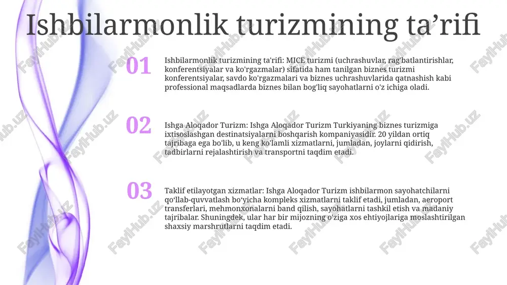 lablarini tushunadi. 1. korporativ rahbarlar va biznes sayohatchilar: ishga aloqador turizm birinchi navbatda korporativ rahbarlar, biznes sayohatchilar va xizmat safarlari uchun qulay va samarali turar joy talab qiladigan mutaxassislarga mo‘ljallangan. 2. tadbirni rejalashtiruvchilar va konferentsiya ishtirokchilari: kompaniya qulay va yaxshi jihozlangan yig'ilish joylari, ixtisoslashtirilgan ovqatlanish xizmatlari va moslashtirilgan turar joy paketlarini taklif qilish orqali tadbirni rejalashtiruvchilar va konferentsiya ishtirokchilariga xizmat ko'rsatishni maqsad qilgan. biznes turizmi uchun marketing strategiyalari bozor segmentatsiyasi: ishga aloqador turizm korporativ rahbarlar, uchrashuvlarni rejalashtiruvchilar va tadbirkorlar kabi biznes sayohatchilar segmentlarini aniqlaydi va ularning noyob ehtiyojlarini qondirish uchun takliflarini moslashtiradi. qiymat taklifi: kompaniya biznes sayohatlarini boshqarish bo'yicha o'z tajribasini ta'kidlab, o'zining moslashtirilgan marshrutlarni, uzluksiz sayohatlarni tartibga solish va tarmoq tadbirlariga eksklyuziv kirishni ta'minlash qobiliyatini ta'kidlaydi. raqamli marketing: ishga aloqador turizm ishbilarmon sayohatchilarga, jumladan, ijtimoiy media, kontent marketingi va onlayn reklama orqali erishish uchun raqamli kanallardan foydalanadi. u o'z xizmatlarini qiziqarli kontent, maqsadli kampaniyalar va foydalanuvchilarga qulay veb-sayt orqali …