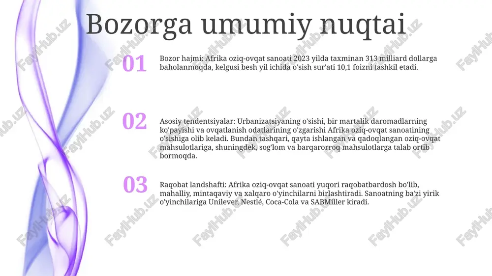 arning o'sishi va qayta ishlangan oziq-ovqat mahsulotlari bilan bog'liq sog'liq uchun xavflardan xabardorlik bilan qo'llab-quvvatlanadi. urbanizatsiya va qulaylik: tez urbanizatsiya va band turmush tarzi qulay va tayyor oziq-ovqat variantlariga talabning oshishiga olib keladi. bu oziq-ovqat yetkazib berish xizmatlari, ovqat to'plamlari va gazak variantlarining o'sishiga turtki bo'ldi. mintaqaviy rivojlanish yangi oziq-ovqat xavfsizligi tashabbusi: afrika ittifoqi sahel mintaqasida oziq-ovqat xavfsizligini ta'minlash uchun yangi "buyuk yashil devor" tashabbusini boshladi. tashabbus senegaldan jibutigacha cho'ziladigan va uning uzunligi bo'ylab yashaydigan jamoalarni oziq-ovqat, em-xashak va yoqilg'i bilan ta'minlaydigan o'simliklar devorini yaratishga qaratilgan. agrobiznesga investitsiyalar: afrikada agrobiznesga xususiy investitsiyalar ortib bormoqda, chunki investorlar qit'aning yirik va o'sib borayotgan qishloq xo'jaligi bozori imkoniyatlarini tan olishadi iqlim o'zgarishiga moslashish: iqlim o'zgarishi afrikada oziq-ovqat ishlab chiqarishga sezilarli ta'sir ko'rsatmoqda. fermerlar qurg‘oqchilikka chidamli ekinlardan foydalanish, dehqonchilik tizimini diversifikatsiya qilish va suvdan foydalanish usullarini takomillashtirish orqali moslashmoqda. hukumatlar va tashkilotlar ham fermerlarga oʻzgaruvchan iqlim sharoitiga moslashishda yordam koʻrsatmoqda. muvaffaqiyat hikoyalari va misollar …