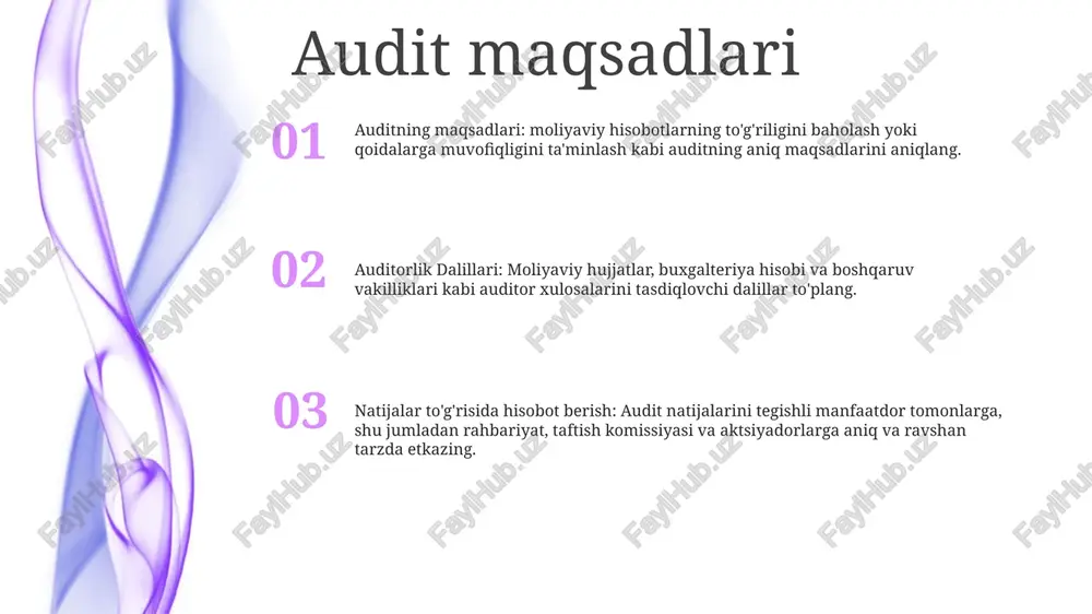 i: kompaniyaning moliyaviy hisobotlari bo'yicha xulosalarini tasdiqlash uchun auditorlar tomonidan to'plangan dalillar. moddiy protseduralar: moliyaviy ma'lumotlarning to'g'riligi, asosliligi va to'liqligini tekshirish uchun foydalaniladigan asosiy audit protseduralari. moddiy protseduralarning maqsadlari: moliyaviy hisobotlardagi jiddiy noto'g'ri ma'lumotlarni aniqlash: aktivlar va majburiyatlarning mavjudligi va yuzaga kelishini tekshirish. tranzaktsiyalarning to'g'riligi va to'liqligini tekshirish. baholashning asosliligini baholash. analitik protseduralar o'xshashlik: ham tahliliy protseduralar, ham auditorlik tekshiruvi auditorlik jarayonlarida muhim ahamiyatga ega bo'lib, auditorlarga moliyaviy hisobotlarning to'g'riligi va ishonchliligini baholash uchun zarur ma'lumotlarni taqdim etadi. tahliliy protseduralar: moliyaviy ma'lumotlardagi munosabatlar va naqshlarni aniqlash va baholash uchun auditorlar tomonidan qo'llaniladigan, g'ayrioddiy yoki kutilmagan tendentsiyalarni aniqlashga yordam beradigan usullar. auditorlik dalillari: auditorlar tomonidan audit davomida olingan dalillar, jumladan, audit natijalarini tasdiqlash uchun foydalaniladigan hujjatlar, yozuvlar, bayonotlar va boshqa tasdiqlovchi ma'lumotlar. tafsilotlar sinovlari tafsilotlarni sinovdan o'tkazish - ularning aniqligi va to'g'riligini ta'minlash uchun alohida operatsiyalar yoki balanslarni tekshiradi. - ro'yxatga olingan summalarning haqiqiyligi haqida aniq dalillarni taqdim etadi. audit dalillari …