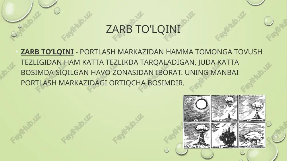 4-8 oyni tashkil qiladi. yorug’lik nurlanishi yadro portlashidan hosil bo’lgan olovli shardan chiqadigan va nihoyat darajada kuydiruvchi issiqlik energiyasi tarqatadigan yorug’lik nuri oqimidan iborat. yadro portlashi jami enyergiyanint taxminan 35% ni yorug’lik nurlanishiga to’g’ri keladi. yorug’lik nuri tarqalishi 10-15 sekund davom etadi, bu nur faqat to’g’ri yo’nalishda tarqaladi. shaffof bo’lmagan har qanday to’siq yorug’lik nurlanishi ta’siridan saqlab qoladi. yorug’lik nurlanishi-infraqizil, ultrabinafsha va ko’rinuvchan nurlardan iborat. infraqizil nur asosiy shikastlantiruvchi kuchga ega. yorug’lik nurlanishi impulsining kattaligiga qarab odamlarning kuyishi to’rt darajaga bo’linadi: i darajali kuyish - 100-200 kdj/m2 kattalikdagi yorug’lik impulsidan; ii darajali kuyish - 200-400 kdj/m2 kattalikdagi yorug’lik impulsidan iii darajali kuyish - 400 kdj/m2 kattalikdagi yorug’lik impulsidan; iv darajali kuyish -600 kdj/m2 dan yuqori kattalikdagi yorug’lik impulsidan. ionlashtiruvchi nurlanish (o’tuvchi radiatsiya) yadro portlash zonasidan chiqqan gamma-nurlar va neytronlar oqimidan iborat. bunga yadro portlash-energiyasining taxminan 5%i sarflanadi, ta’sir vaqti 15-20 sekundni tashkil qiladi. nurlanish o’lchov birligi (ekspozitsion doza) sifatida si …