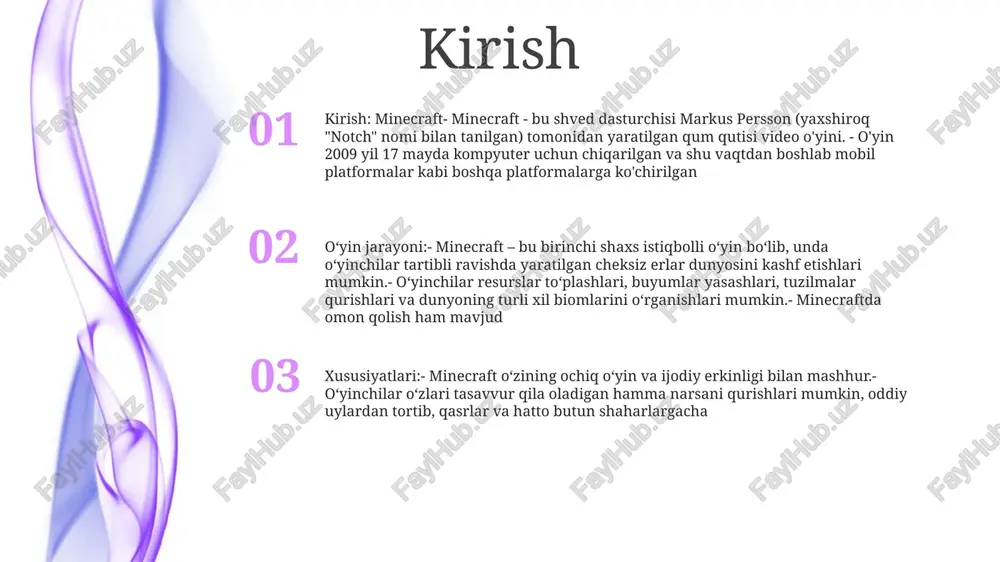 ni ishga solishga undaydi. hunarmandchilik: o'yinchilar resurslarni to'plashlari va ularni birlashtirib, asboblar, qurollar va tuzilmalarni o'z ichiga olgan keng assortimentni yaratishlari mumkin. tadqiqot: tasodifiy yaratilgan dunyo yam-yashil o'rmonlardan tortib, chuqur g'orlar va ulkan okeanlargacha bo'lgan cheksiz kashfiyot imkoniyatlarini taqdim etadi. tarix kelib chiqishi: 2009 yil may oyida shvetsiyalik o'yin ishlab chiqaruvchisi markus persson (aka "notch") tomonidan yaratilgan minecraft dastlab "g'or o'yini" nomi bilan tanilgan. o'yin: sandbox uslubidagi o'yin, unda o'yinchilar protsedura asosida yaratilgan dunyolarni o'rganadilar, resurslarni to'playdilar, buyumlar yasaydilar va bloklar yordamida tuzilmalar quradilar. u ijodkorlik va muammolarni hal qilishni ta'kidlab, ijodiy va omon qolish usullarini taklif etadi. ta'siri: minecraft global hodisaga aylandi, turli platformalarda 238 million nusxadan ortiq sotilgan. uning mashhurligi spin-offlar, tovarlar va bag'ishlangan muxlislar bazasini keltirib chiqardi va bu uni tarixdagi eng ta'sirli video o'yinlardan biriga aylantirdi. jamiyat minecraft: immersive sandbox: minecraft - bu o'yinchilar virtual bloklar yordamida o'z dunyolarini kashf etadigan, quradigan va yaratadigan qum qutisi …