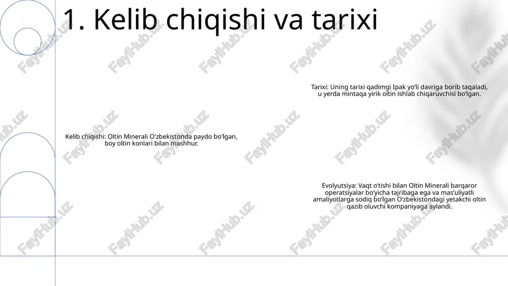 lganda ishlatiladi. er osti qazib olish: bu usul chuqurroq konlar uchun mos bo'lgan yoki ochiq usulda qazib olish mumkin bo'lmaganda tunnel va shaftalar orqali rudani yer ostidan qazib olishni o'z ichiga oladi. plasser qazib olish: bu usul qimmatbaho minerallar bo'shashgan cho'kindi yoki shag'allarda topilgan cho'kindi konlarini qazib olish uchun qo'llaniladi. bu suv yoki mexanik usullar yordamida minerallarni atrofdagi materialdan ajratishni o'z ichiga oladi. 5. kon qazish usullari to'g'ridan-to'g'ri siyanidlash: bu usul mayda maydalangan rudani suyultirilgan siyanid eritmasi bilan qayta ishlashni o'z ichiga oladi. oltin siyanid eritmasida eriydi va keyinchalik turli usullar yordamida qayta tiklanadi. gravitatsiyani ajratish: bu usul tortishish yordamida oltin zarralarini engilroq ruda materialidan ajratadi. og'ir oltin zarralari cho'kadi, engilroq aralashmalar esa yuviladi. flotatsiya: bu usul oltin zarralarini hidrofobik (suv o'tkazmaydigan) qiladigan kimyoviy moddalar qo'shilishidan foydalanadi. oltin zarralari havo pufakchalariga yopishadi va flotatsiya xujayrasi yuzasiga suzadi, u erda ularni yog'sizlantirish mumkin. 6. ekstraktsiya texnikasi yuqori qiymat va nodirlik: oltin …