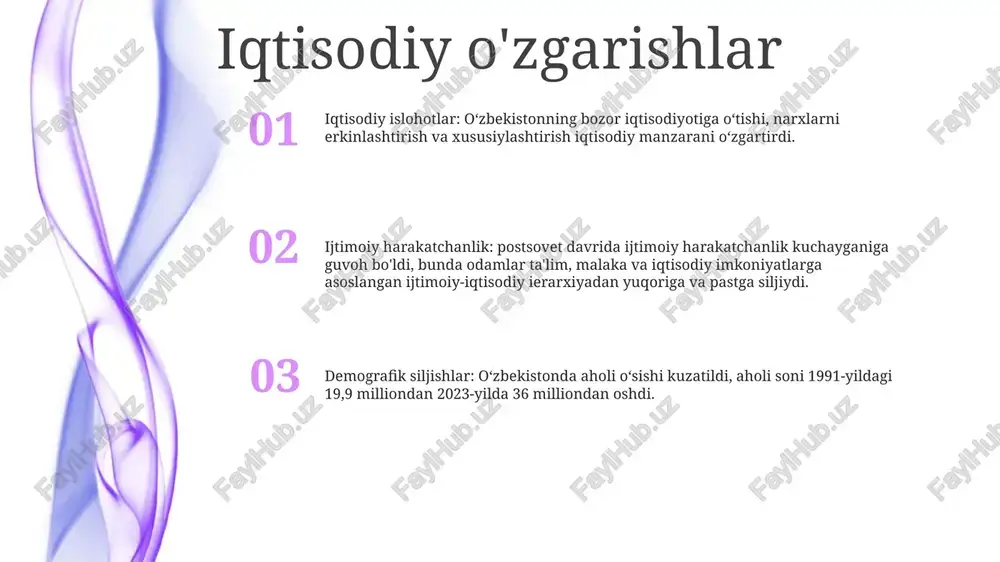 ning ijtimoiy hayotdagi ishtirokini oshirish. texnologik innovatsiyalar raqamlilashtirish: mobil telefon va internetning kirib borishi oshdi, bu esa axborot, aloqa va elektron tijoratdan foydalanish imkonini beradi. ta'lim va o'qitish: onlayn ta'lim platformalari va masofaviy ta'lim dasturlari ta'lim va malaka oshirish imkoniyatlarini kengaytirdi. sog'liqni saqlash: telemeditsina va elektron tibbiy yozuvlar, ayniqsa, qishloq va chekka hududlarda tibbiy yordam ko'rsatishni yaxshiladi. sog'liqni saqlashni yaxshilash sog'liqni saqlash sifatini oshirish: profilaktika va erta aniqlashga e'tibor sog'liqni saqlash sifatini yaxshilash uchun o'zbekiston profilaktika choralariga, jumladan, emlash, tibbiy ma'lumot va turmush tarzi bo'yicha maslahatlarga alohida e'tibor qaratadi sog‘liqni saqlash sohasidagi islohotlar: sog‘liqni saqlash infratuzilmasini mustahkamlash o‘zbekistonda sog‘liqni saqlash sohasidagi islohotlar yangi tibbiyot muassasalarini qurish, shifoxonalarni ilg‘or texnologiyalar bilan jihozlash, qishloq va chekka hududlarda tibbiy xizmatlardan foydalanish imkoniyatlarini kengaytirish orqali infratuzilmani yaxshilashga qaratilgan. sog‘liqni saqlash sohasidagi ta’lim va kadrlar salohiyatini oshirish malakali sog‘liqni saqlash kadrlari muhimligini anglagan holda, o‘zbekiston yuqori malakali tibbiyot mutaxassislarini yetishtirish uchun ta’lim va malaka oshirish …