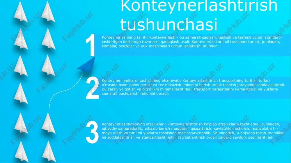 i vaqtni tejash va samaradorlik: konteynerlashtirish yuklash, tushirish va tashish jarayonlarini soddalashtiradi, bu esa etkazib berish vaqtlarini tezlashtiradi va ishlov berish vaqtini qisqartiradi. yuk tashish xarajatlarining kamayishi: konteyner transporti boshqa transport turlariga nisbatan yuk birligi uchun yuk tashish xarajatlarini kamaytiradigan miqyosda tejamkorlikni taklif qiladi. yuklarni himoya qilishni oshirish: konteynerlar tranzit paytida yuk uchun xavfsiz va himoyalangan muhitni ta'minlaydi, zarar va yo'qotishlarni minimallashtiradi. iqtisodiy afzalliklar xavfsizlikni oshirish: konteynerlar mahsulotlarni ob-havo, o'g'irlik va shikastlanishdan himoya qilishning xavfsiz va xavfsiz usulini ta'minlaydi. bu mahsulotlarni yo'qotish xavfini kamaytirish orqali korxonalarni himoya qiladi. imkoniyatlarni kengaytirish: konteynerlar an'anaviy yuk tashish usullaridan ko'ra ko'proq mahsulotni tashishi mumkin. bu kattaroq yuklarni tashish uchun yuk tashish xarajatlarini kamaytiradi. yuk tashish vaqtini qisqartirish: konteynerlar yuk tashish vaqtini sezilarli darajada qisqartiradi, chunki ular bir nechta transport vositalariga o'tkazishni talab qilmaydi. bu etkazib berish muddatini tezlashtiradi va inventarizatsiya xarajatlarini kamaytiradi. samaradorlik va tezlik samaradorlik: konteynerlardan foydalanish yuklarni ommaviy ravishda tashishni osonlashtiradi, bu …