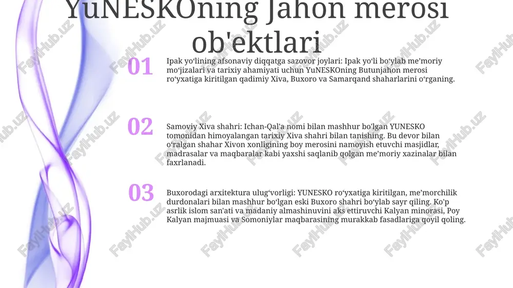 ladi va bir qancha turlar tashkil etilishi mumkin xiva: yuneskoning butunjahon merosi sayti xiva o'rta asrlardagi islom shahrining eng yaxshi saqlanib qolgan namunalaridan biridir madaniy chorrahaxiva asrlar davomida tsivilizatsiyalar chorrahasi bo'lib kelgan. u bir vaqtlar ipak yo‘lining bir qismi bo‘lib, uning me’morchiligi va madaniyati fors, arabiston va markaziy osiyo ta’sirini aks ettiradi samarqanddagi temuriylar arxitekturasi gur-e amir maqbarasi: xv asrda qurilgan bu muhtasham maqbara temur va uning oilasining so‘nggi dam olish maskani hisoblanadi. uning hayratlanarli nayli gumbazi, murakkab koshinlar va oltin bargli interyeri hayratga soladigan tomosha yaratadi. registon maydoni: bir paytlar temuriylar poytaxtining yuragi bo'lgan bu katta maydon bir vaqtlar uchta monumental diniy binolar bilan bezatilgan. bugungi kunda ulug‘bek madrasasi, sher-dor va tilya-kori madrasalarining me’moriy durdonalari bu go‘zal maskanni chiroy ochib turibdi. shohi-zinda nekropoli: afrasiyab tepaligining yon bag'rida joylashgan bu yirik nekropol o'zining ajoyib firuza koshinli maqbaralar to'plami bilan mashhur. har bir qabr marhumning boyligi va mavqeini aks ettiradi, ba'zilarida …