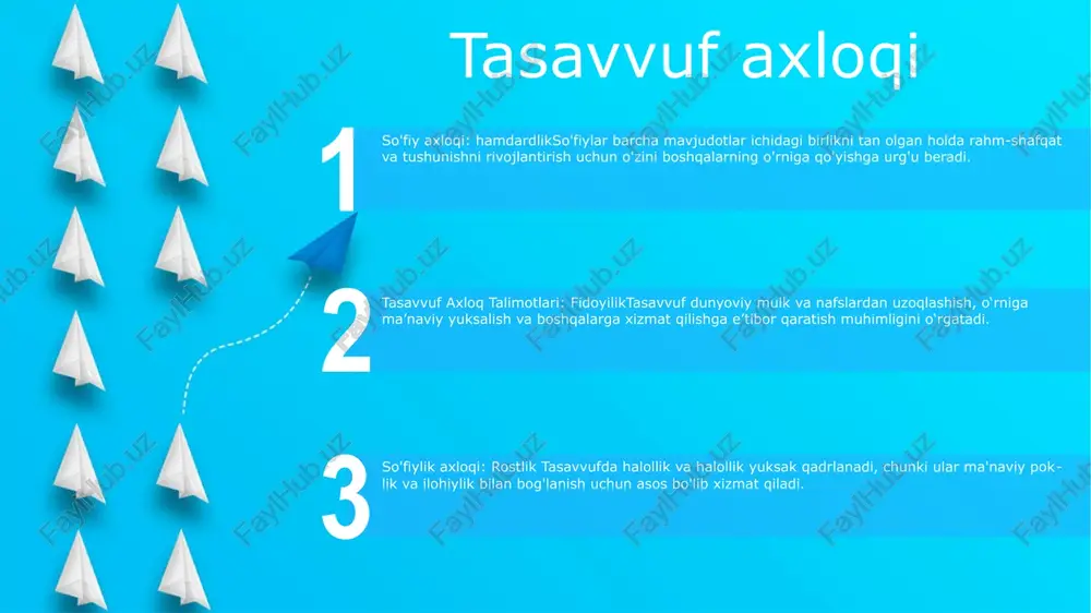 anishi kerak. kamtarlik ma'nosi: tasavvufda asosiy tushuncha bo'lgan kamtarlik - hayo, kamtarlik va alloh taolo oldida o'zining ahamiyatsizligini tan olish kabi botiniy sifatdir. kamtarlikning foydalari: kamtarlik qalbga ko'p foyda keltiradi, jumladan, qalb pokligi, allohga yaqinlik, takabburlik va kibrdan himoya. shuningdek, tasavvuf yo‘lida ma’naviy yuksalish va taraqqiyotga zamin yaratadi. halollikning ahamiyati tasavvufda halollik: ma’naviy poklik sari yo‘l tasavvuf ma’naviy kamolot uchun halollik muhimligini o‘rgatadi. bu so'zda, xatti-harakatda va fikrda to'g'ri bo'lishni, samimiylikka intilishni va yolg'ondan qochishni o'z ichiga oladi. halollik: shaxsiy o'sish uchun fazilat halollik o'z-o'zini hurmat qilishni, boshqalar bilan ishonchni mustahkamlashni va halollikni targ'ib qiluvchi fazilatdir. bu odamlarga o'z qadriyatlariga mos ravishda yashashga, kuchli axloqiy kompasni rivojlantirishga va ichki tinchlik tuyg'usini boshdan kechirishga imkon beradi. halollik va ijtimoiy hamjihatlik, halollik jamiyatning yaxlitligini saqlash uchun zarurdir. agar odamlar rostgo'y bo'lsa, ishonch o'rnatiladi, munosabatlar gullab-yashnaydi va hamkorlik mumkin bo'ladi. halollikka asoslangan jamiyat tegishlilik tuyg'usini rivojlantiradi va nizo va ishonchsizlikni kamaytiradi. kechirim va …