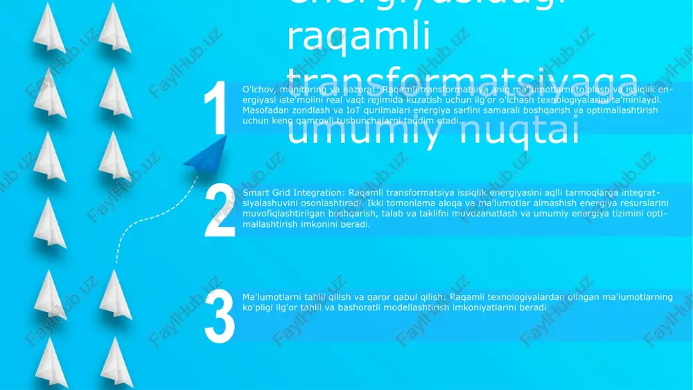 sh va avtomatlashtirish imkonini beradi, moslashuvchanlik va qulaylikni ta'minlaydi iot sensorlari haroratni aniq nazorat qiladi: strategik tarzda joylashtirilgan iot sensorlari harorat maʼlumotlarini real vaqtda kuzatishi mumkin, bu esa harorat oʻzgarishi va gradientlar haqida aniq maʼlumot beradi. bu issiqlik yo'qotilishi sodir bo'ladigan joylarni aniqlash orqali energiyadan foydalanishni optimallashtirishga yordam beradi. ma'lumotlar tahlili issiqlik taqsimotini optimallashtiradi: iot qurilmalari issiqlik taqsimotidagi naqsh va samarasizlikni aniqlash uchun tahlil qilinishi mumkin bo'lgan keng qamrovli ma'lumotlarni to'playdi bulutli hisoblash va katta ma'lumotlar bulutli hisoblash - bu issiqlik energiyasi sektorining samaradorligi va ishonchliligini oshirish uchun tanlangan texnologiya. o'zining kengayishi, tejamkorligi va foydalanish imkoniyati tufayli issiqlik energiyasi kompaniyalari real vaqt rejimida ma'lumotlarni tahlil qilish, masofadan nazorat qilish va nazorat qilish kabi xizmatlardan foydalanadi. bulutli hisoblash va katta ma'lumotlar, issiqlik energiyasini raqamli aylantirish texnologiyalari katta ma'lumotlar issiqlik energiyasi tizimlarining ishlashini optimallashtirish, iste'molchilarning xatti-harakatlarini tushunish va talabni prognoz qilish uchun qimmatli ma'lumotlarni taqdim etadi issiqlikni optimallashtirish uchun sun'iy intellekt (ai). …
