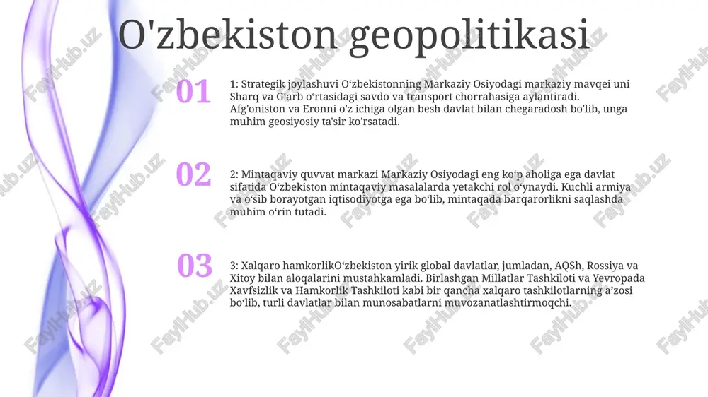 rag‘batlantirish maqsadida shanxay hamkorlik tashkiloti (shht) va markaziy osiyo mintaqaviy iqtisodiy hamkorlik tashkiloti (carec) kabi tashabbuslarda ishtirok etib, mintaqaviy hamkorlik muhimligini ta’kidlaydi. 1. diplomatik prinsip: o‘zbekiston xalqaro huquqning umume’tirof etilgan norma va tamoyillariga amal qiladi, barcha davlatlarning suvereniteti va hududiy yaxlitligini hurmat qiladi. 2. pragmatik yondashuv: mamlakat taraqqiyot va farovonlikka ko‘maklashuvchi iqtisodiy va savdo kelishuvlariga erishib, barcha hamkorlar bilan o‘zaro manfaatli hamkorlikka ustuvor ahamiyat beradi. o'zbekistonda investitsiya imkoniyatlari jozibador investitsiya muhiti: o‘zbekiston soliq imtiyozlari, soddalashtirilgan biznesni ro‘yxatdan o‘tkazish jarayoni va barqaror qonunchilik bazasi bilan qulay sarmoyaviy muhitni taklif etadi. rivojlanayotgan iqtisodiyot: kelgusi yillarda mamlakat yalpi ichki mahsuloti qishloq xo‘jaligi, tog‘-kon sanoati, energetika va turizm kabi tarmoqlar hisobiga barqaror sur’atlarda o‘sishi prognoz qilinmoqda. turli xil sarmoyaviy imkoniyatlar: o‘zbekiston turli sohalarda, jumladan, infratuzilma, ishlab chiqarish, sog‘liqni saqlash va ta’lim sohalarida keng sarmoyaviy imkoniyatlarni taqdim etadi. infratuzilma va ulanish mintaqaviy hamkorlik: markaziy osiyoni bog‘lash mamlakat infratuzilma loyihalari orqali mintaqaviy hamkorlikni rivojlantirish, markaziy osiyoni …