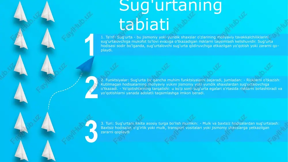 axslarga noaniqlikni kamaytirishga va moliyaviy barqarorlikni rejalashtirishga yordam beradi. iqtisodiy funktsiyalar: sug'urta kutilmagan hodisalardan moliyaviy himoyani ta'minlaydi, bu esa jismoniy shaxslar va korxonalarga kelajakni rejalashtirish va moliyaviy risklarni kamaytirish imkonini beradi. sugʻurta mohiyati: sugʻurta mohiyati har qanday kutilmagan voqealar yuz berishi natijasida kelib chiqadigan moliyaviy zararlarni qoplashdir. ijtimoiy funktsiyalar sugʻurta mohiyati- moliyaviy risklarni ixtisoslashgan muassasaga (sugʻurtalovchiga) oʻtkazish.- potensial yoʻqotishlar yoki zararlardan himoya qilish. ijtimoiy funktsiyalar - a'zolarga kerak bo'lganda moliyaviy yordam va yordam ko'rsatadi. - a'zolar o'rtasida ijtimoiy hamjihatlik va birdamlikni rag'batlantiradi. funktsiyalar - risklarni birlashtirish: sug'urtalovchilar da'volarni qoplash uchun foydalaniladigan mablag'lar jamg'armasini yaratish uchun a'zolardan mukofot yig'adilar. - yo'qotishlarni taqsimlash: sug'urtalovchilar yig'ilgan mablag'larni qamrab olingan hodisalarni boshdan kechirgan a'zolar o'rtasida taqsimlaydi. xatarlarni uzatish risk o'tkazish: sug'urta yoki boshqa vositalar orqali potentsial yo'qotishlarning moliyaviy yukini boshqa tomonga o'tkazishni o'z ichiga oladi, bu asl egasi uchun xavfni kamaytiradi. sugʻurta mohiyati:sugʻurta, oʻzbekcha sugʻurta — sugʻurta kompaniyasi (sugʻurtalovchi) mukofot toʻlovi evaziga jismoniy shaxs …