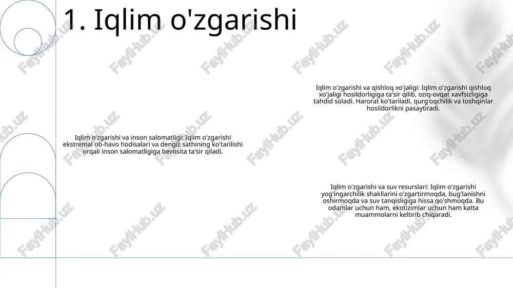 rish uchun mo'ljallangan. axloqiy mulohazalar: aini ishlab chiqish va ishlatishda muhim axloqiy mulohazalar mavjud. maxfiylik, tarafkashlik va ishni yo'qotish ai tizimlarini mas'uliyatli rivojlantirish va joylashtirish uchun hal qilinishi kerak bo'lgan asosiy muammolardan biridir. 3. sun'iy intellekt 1: quyosh energiyasi: quyosh panellari orqali quyosh nurini elektr energiyasiga aylantirish dunyodagi eng keng tarqalgan va mavjud qayta tiklanadigan energiya manbalaridan biridir. 2: shamol energiyasi: shamol turbinalari shamolning kinetik energiyasini elektr energiyasiga aylantiradi. bu qirg'oqbo'yi hududlari va shamolli tog'li hududlar uchun mos manba hisoblanadi. 3: gidroelektr energiyasi: oqayotgan suvning kinetik energiyasi to'g'on va turbinalar yordamida elektr energiyasiga aylanadi. bu dunyodagi eng katta qayta tiklanadigan energiya manbai bo'lib, suv resurslari ko'p bo'lgan hududlar uchun mos keladi. 4. qayta tiklanadigan energiya 1. uzoq olamlar: sayyoralar, yulduzlar va galaktikalar mavzusini yoritib, astronomiya, astrofizika va sayyora fani sohalaridagi so‘nggi yangiliklarni o‘rganadi. 2. boshqariladigan kosmik parvozlar: insoniyatning kosmosdagi mavjudligini, jumladan, kosmik stantsiyalar, kosmik kemalar va ekipaj missiyalarini o'rganadi va …