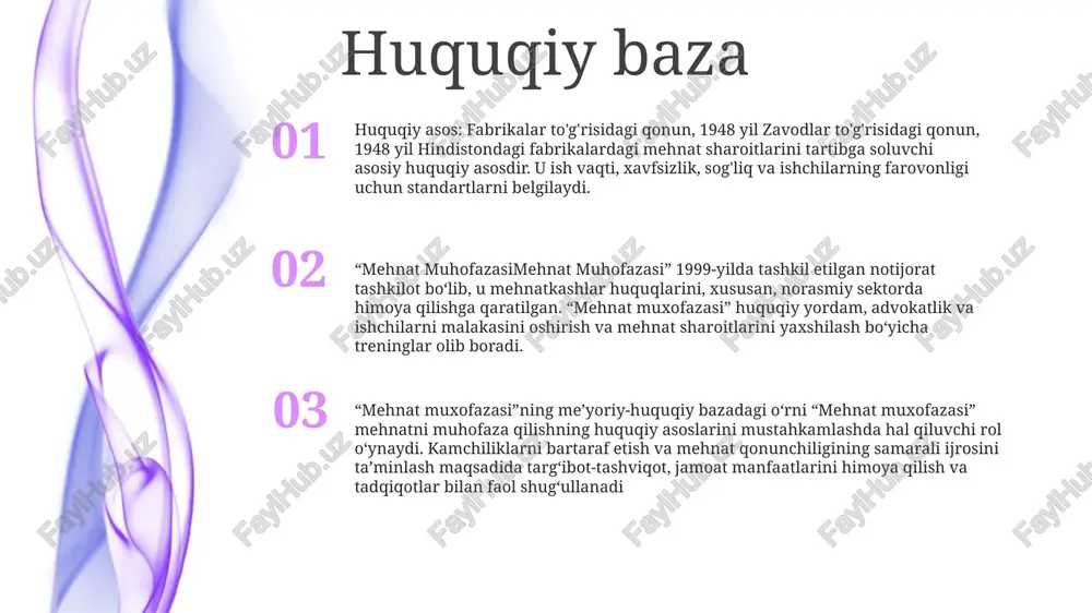 nlash: ish beruvchilar ayollar va yoshlar bandligini himoya qilish uchun oqilona choralar ko'rishlari kerak. bu ayollar va yoshlarning xavfli kasblarda yoki ularning sog'lig'i yoki xavfsizligiga zarar etkazishi mumkin bo'lgan sharoitlarda ishlamasligini ta'minlashni o'z ichiga oladi. 2. bolalar mehnatini taqiqlash: ish beruvchilar ish uchun eng kam yoshga to'lmagan bolalarni ishga yollamasliklari kerak. aksariyat mamlakatlarda ishga joylashish uchun minimal yosh 15 yoshni tashkil qiladi. biroq, ayrim mamlakatlarda ishning ayrim turlari uchun u pastroq bo'lishi mumkin. mehnatni muhofaza qilish va xavfsizlik standartlari mehnatni muhofaza qilish va sog'liqni saqlash standartlari: zararli moddalar, ish joyi sharoitlari va asbob-uskunalardan foydalanish qoidalarini o'rnatish orqali turli xil kasbiy sharoitlarda ishchilarning farovonligi va himoyasini ta'minlaydi. mehnat muhofazasi: "mehnatni muhofaza qilish va xavfsizlik"ning o'zbekcha ekvivalenti bo'lib, u ishlab chiqarishdagi baxtsiz hodisalar va kasb kasalliklarining oldini olish, ishchilar uchun xavfsiz va sog'lom mehnat muhitini ta'minlash bo'yicha chora-tadbirlarni o'z ichiga oladi. qoidalar: xatarlarni minimallashtirish va belgilangan sog'liqni saqlash va xavfsizlik standartlariga rioya …