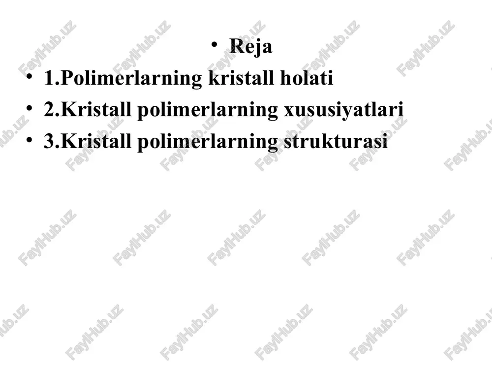 in, bu holatda kristallanish kinetikasi ularning tezliklarining nisbatlariga bog’liq bo’ladi. kristallanish va kristallarning o’sish jarayonini kolmogorov – avram formulasi yaxshi ifodalaydi: (-ztn) ct = 1-exp bu yerda ct- ma’lum vaqtdagi kristallanish darajasi; z- kristallanish tezligi konstantasi, n- kristallning hosil bo’lish va o’sishiga bog’liq bo’lgan kattalik. polimerlarni kristallanish tezligi, odatda yarim kristallanish vaqti bilan xaraktelanadi va deb belgilanadi yoki boshqacha aytganda, shu kristallanish sharoitida polimerning yarim kristallanishi uchun ketgan vaqt demakdir. polimerlarning kristall tuzilishi past molekulyar moddalarning kristall strukturadan farq qiladi. kristall polimerlar rentgenogrammasida aniq difraksion qism bilan bir qatorda amorf moddalar uchun xos bo’lgan diffuziyalangan qism ham bo’ladi. kristall polimerlar strukturasida kristall va amorf tuzilishiga ega bo’lgan qismlar mavjud. shuning uchun ham kristall polimerlarning zichligi kristall va amorf moddalar zichligining o’rtacha qiymati bilan ifodalanadi, ularning infraqizil spektrlarida kristall va amorf holatlar uchun xarakterli bo’lgan ikki xil chiziq bo’ladi polimerlar stukturasining sxemasi: a- amorf polimer, b-kristall polimer odatda kristall polimerlar ikki …