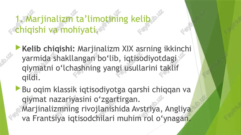 shning ahamiyati. umumiy muvozanatning iqtisodiy tizimdagi rolini tushuntirish. 3. marjinalizm va neoklassik maktablar ta’limotining amaliy qo‘llanilishi narx belgilash: bugungi kunda tovar va xizmatlarning narxi iste’molchilarning marjinal foydasi va ishlab chiqaruvchilarning marjinal xarajatlari asosida belgilanadi. resurslarni boshqarish: marjinalizm va neoklassik iqtisodiyot resurslarni samarali taqsimlashda muhim vosita sifatida ishlatiladi. iqtisodiy siyosat: hozirgi iqtisodiy siyosatni shakllantirishda neoklassik tahlil keng qo‘llaniladi. ayniqsa, pareto samaradorligi va umumiy muvozanat nazariyasi davlat siyosati va iqtisodiy qarorlar qabul qilishda hal qiluvchi o‘ringa ega. tadbirkorlik: korxonalar ishlab chiqarish hajmini va resurslardan foydalanish darajasini marjinal tahlil asosida rejalashtiradi. /docprops/thumbnail.jpeg