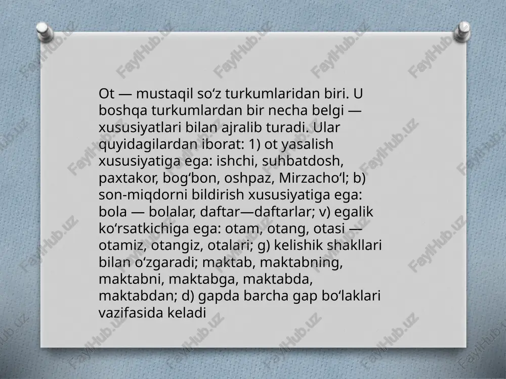 ari). otning analitik shakli koʻmakchi yordamida hosil boʻladi: qalam bilan (da), otam uchun (-ga) kabi. otning juft shakli umumlashtirish, jamlik maʼnolarini ifodalaydi: qozon-tovoq, qovun-tarvuz. otning takroriy shakli koʻplik maʼnosini ifodalaydi: qatra-qatra yosh, ombor-ombor gʻalla. otlarning yasalishi natijasida yasama otlar paydo boʻladi. yasama otlar affiksatsiya, kompozitsiya, abbreviatsiya yoʻllari bilan yasaladi. affiksatsiya ot yasashdagi eng mahsuldor usul boʻlib, uning yordamida shaxs otlari (boʻyoqchi, ishchi, maktabdosh, zargar, sholikor, saroybon, chorvador, tilshunos, etikdoʻz, oshpaz, aravakash, kaptarboz, kitobxon); narsa-qurol otlari (ochqich, oʻsma, toʻplam, kurak, qirindi, ekin, kekirdak, suyunchi, tuzdon); oʻrin-joy otlari (bodomzor, oʻzbekiston, qarorgoh, ishxona, oʻtloq, paxtaobod); mavhum maʼnoli otlar (yaxshilik, paxtachilik, ishonch, yig'ilish, radioeshittirish, odamgarchilik). sifat (tilshunoslikda) — predmet belgisini bildiruvchi soʻzlar turkumi. grammatikada belgi soʻzi keng tushunchali boʻlib, u belgini rang-tus, hajm, shaklkoʻrinish, xususiyat va shu kabilarga koʻra bildiradi: qizil, keng, yoqimli va boshqa shu xususiyatlariga koʻra, sifatlar maʼnosiga qarab bir necha turga boʻlinadi: rang-tus bildiruvchi sifatlar — oq, sariq, qizil, nimrang kabi; …