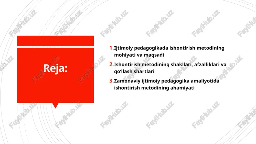 ga oshiriladi: suhbat, nutq, misol keltirish, hikoya, bahs-munozara va ko‘rsatma orqali. masalan, o‘qituvchi hayotiy misollar yordamida o‘quvchilarda to‘g‘ri qarash hosil qiladi. shuningdek, ma’naviy-axloqiy mavzularda ochiq suhbatlar o‘tkazish ham samarali usul hisoblanadi. muhimi – pedagogning so‘zi hayotiy dalillar bilan mustahkam bo‘lishi kerak. ishontirish metodining afzalliklari ishontirish metodi majburlashsiz, ongli ravishda ta’sir o‘tkazadi. u shaxsni ichki ishonch asosida harakat qilishga o‘rgatadi. bu metod orqali o‘quvchi o‘zini erkin, hurmatga sazovor shaxs sifatida his qiladi. bundan tashqari, bu usul shaxslararo muloqotni rivojlantirib, ijobiy ijtimoiy muhit yaratadi. shu sababli ishontirish tarbiyada eng nozik, ammo samarali metoddir. ishontirish metodining kamchiliklari bu metodning asosiy kamchiligi – natijasi darhol sezilmaydi. ishontirish uchun vaqt, sabr va doimiy muloqot zarur. agar pedagogning so‘zi bilan amali mos kelmasa, tarbiyalanuvchi ishonmaydi. shuningdek, har bir insonning xarakteri turlicha bo‘lgani uchun ishontirish yondashuvi ham individual bo‘lishi kerak. shu jihatlar metoddan to‘g‘ri foydalanishni talab qiladi. ishontirish metodini qo‘llash shartlari ishontirish samarali bo‘lishi uchun pedagog o‘z …