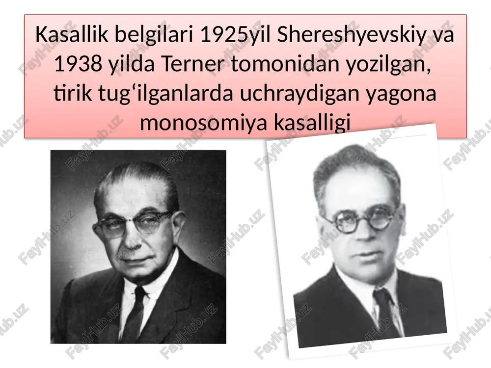 i ,eshitishning buzilishi tuxumdonlar atrofiyalangan,follikulalarni ushlamaydi bachadon gipoplaziyasi katta jinsiy lablarda o'zgarishlar kichik jinsiy lablar va klitor rivojlanmagan gipogonadizm shereshevskiy –terner sindromida daktiloskopiyaning miqdoriy ko‘rsatkichi sifatida umumiy qirralar soni {uqs} 180 ga teng, diagnostika. sitogenetik tekshiruvda kariotip analizi o‘tkazilganda, genotip: 45,xo. jinsiy xromatin tekshirilganda barr tanachasining 20% dan kam hujayralarda aniqlanishi. instrumental funktsional tekshiruvlar. ichki a`zolarni ultratovush, exokg, rentgen tekshiruvlar yordamida – yurak-qon tomir, skelet, siydik ajratish va jinsiy azolar nuqsonlari aniqlanadi. davolash birlamchi va ikkilamchi gipogonadizmni davolash jinsiy gormonlar yordamida jinsiy rivojlanish induktsiyasiga va uni qo’llab kuvvatlashga yo’naltirilgan. dori-darmonlar bilan davolashni rejalashtirishda barcha yo’ldosh endokrin kasalliklar, barcha ijtimoiy va psixologik muammolar hisobga olinadi hamda bemorning to’la (eng so’nggi) bo’yi prognoz qilinadi. vrach bemorni davolash rejasini uning ota-onasi bilan muhokama qilishi lozim. nima qilish kerak? o'sishni stimulyatsiyalash ikkilamchi jinsiy belgilarni induksiyalash muntazam minsturalniy siklni induksiyalasi dastlabki davo choralari : massak,lfk, vitamin ,to'laqiymatli ovqatlanish,saqloqchi tartib somatotropin-kunora teri ostiga inyeksiya suyak yoshiga …